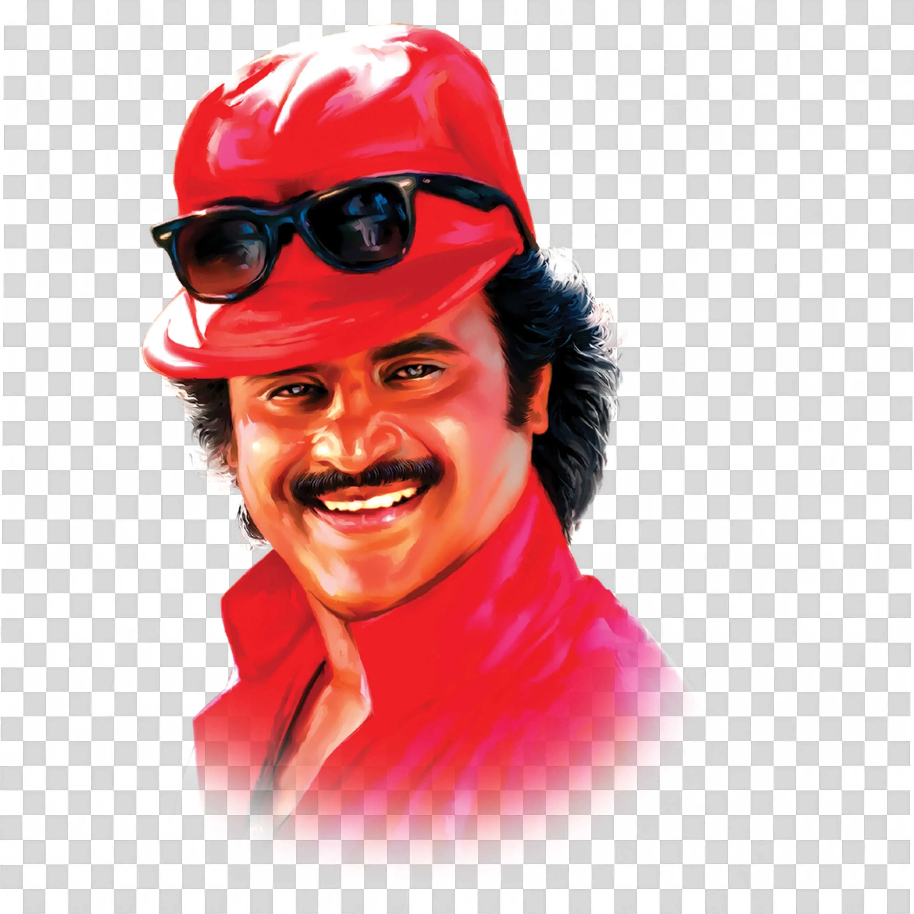 Rajinikanth Red Hat and Jacket with Cool Sunglasses Smiling Pose