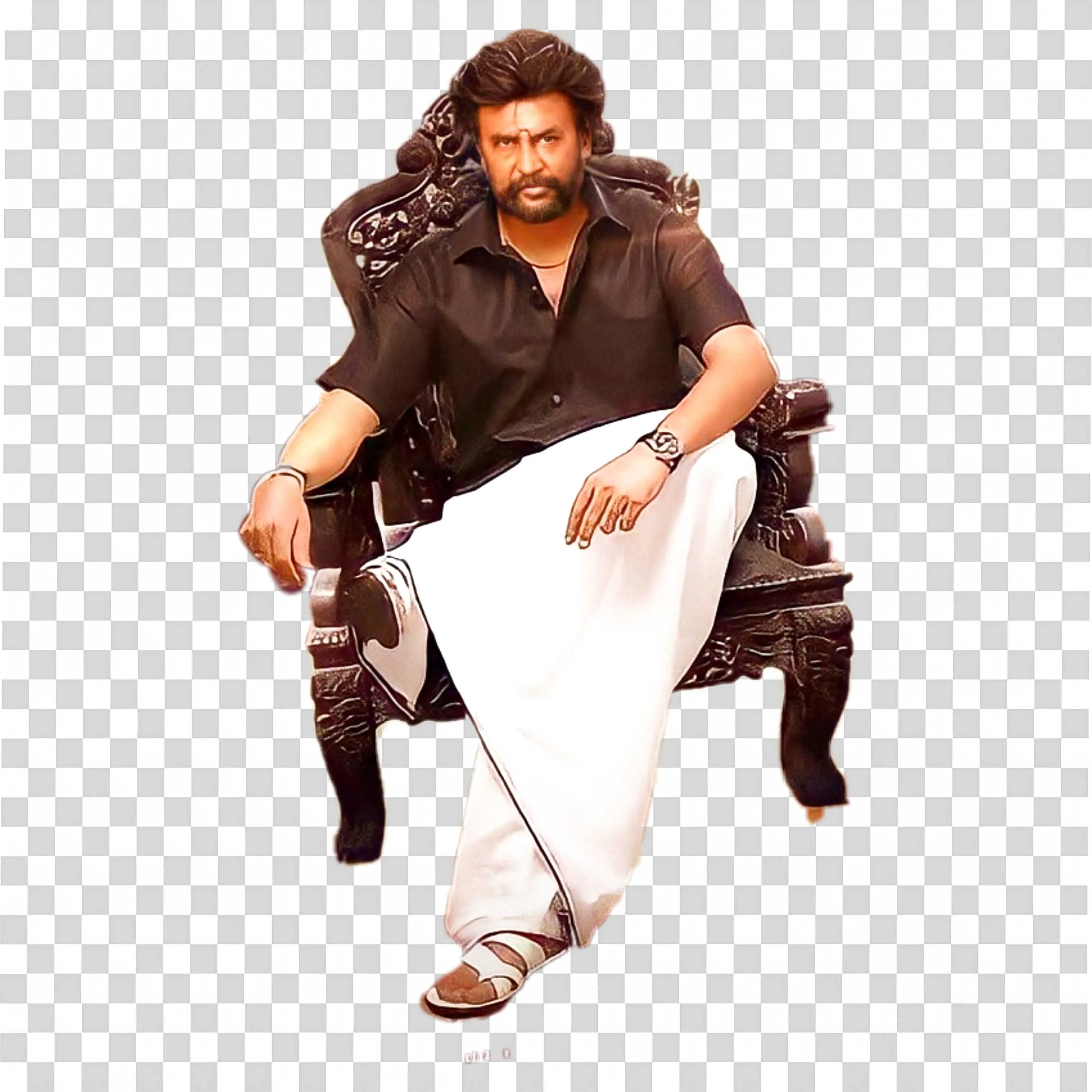 Rajinikanth Sitting on Throne Wearing Black Shirt Art PNG