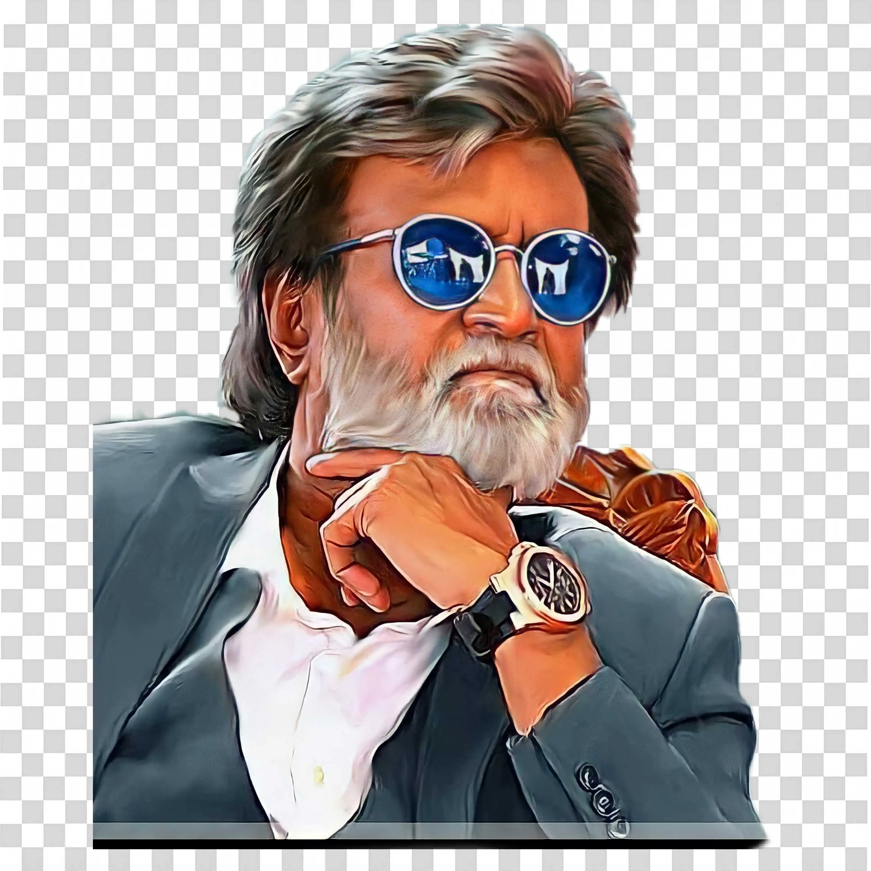 Rajinikanth Smart Pose Wearing Watch and Blue Tinted Glasses PNG