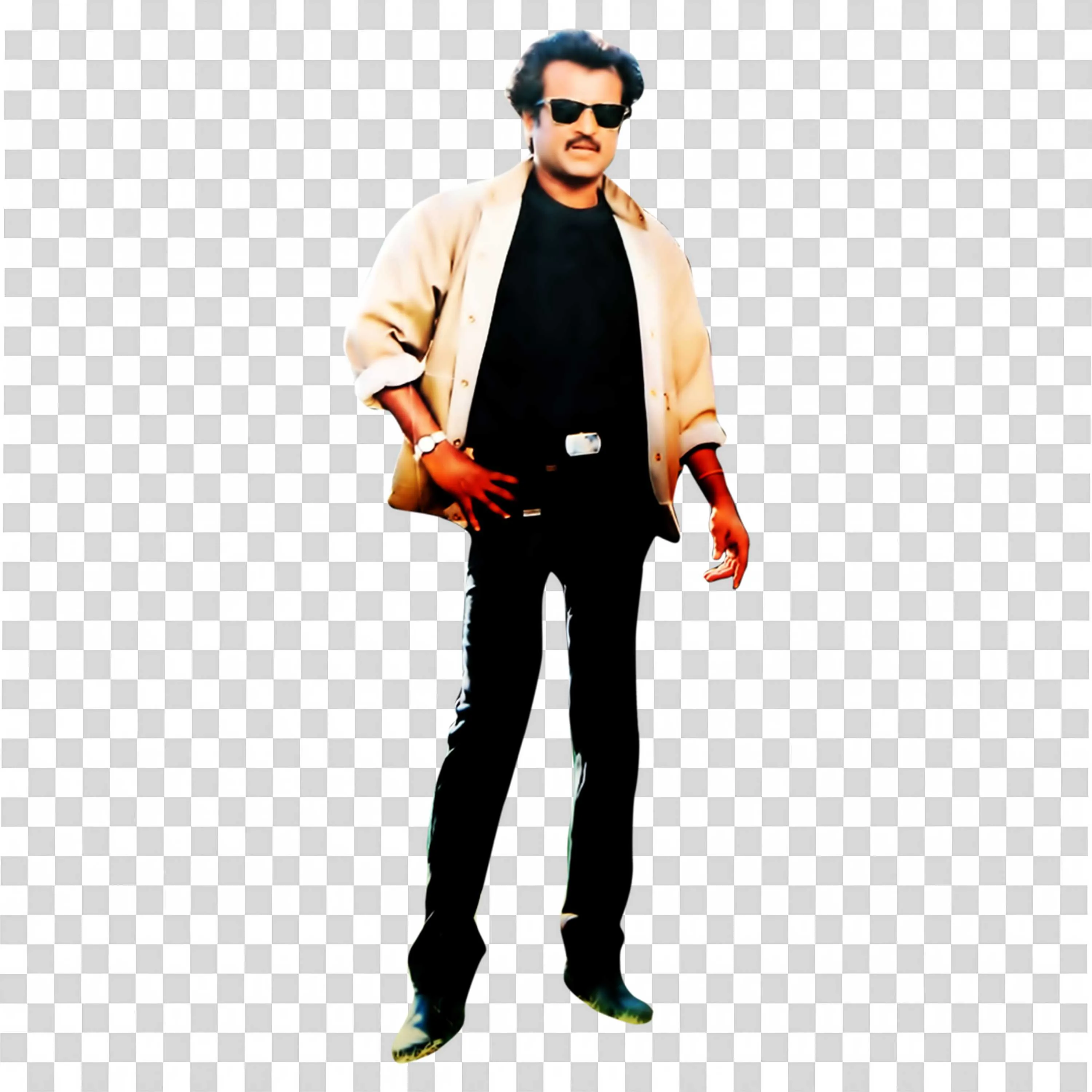 Rajinikanth Stylish Black Outfit with Coat and Sunglasses Art