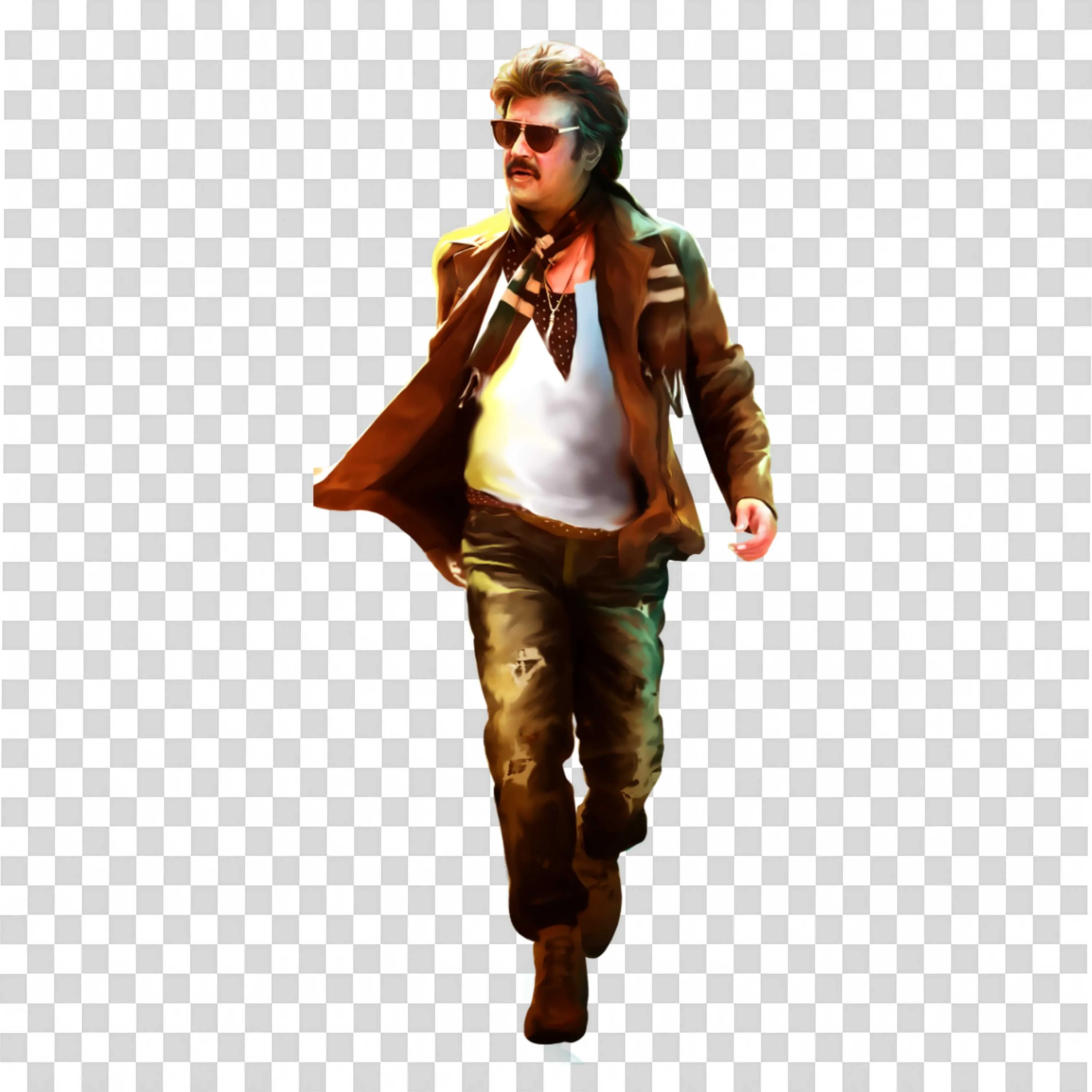 Rajinikanth Stylish Walk in Brown Jacket and Sunglasses Art