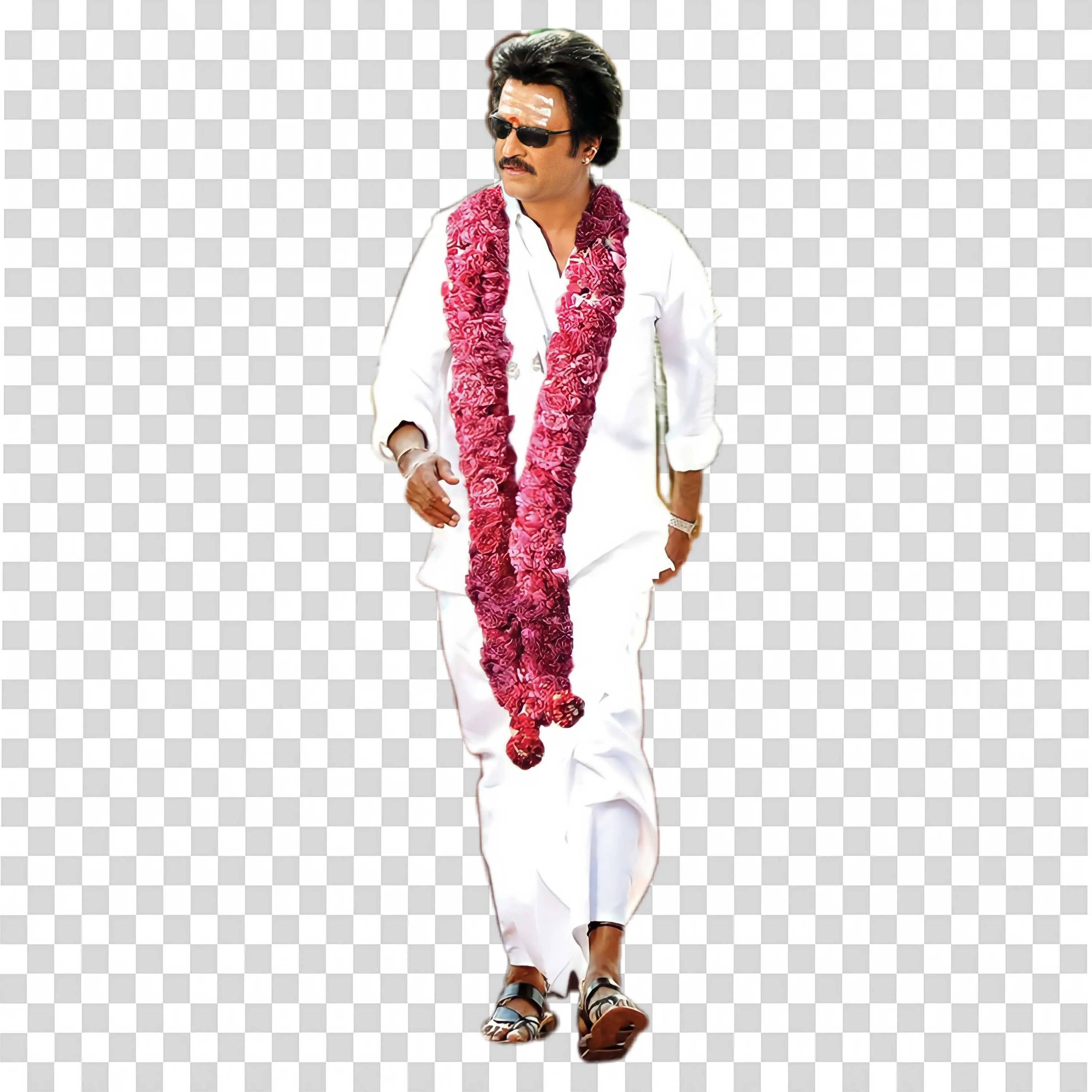 Rajinikanth White Dress PNG with Garland Walking Art Download