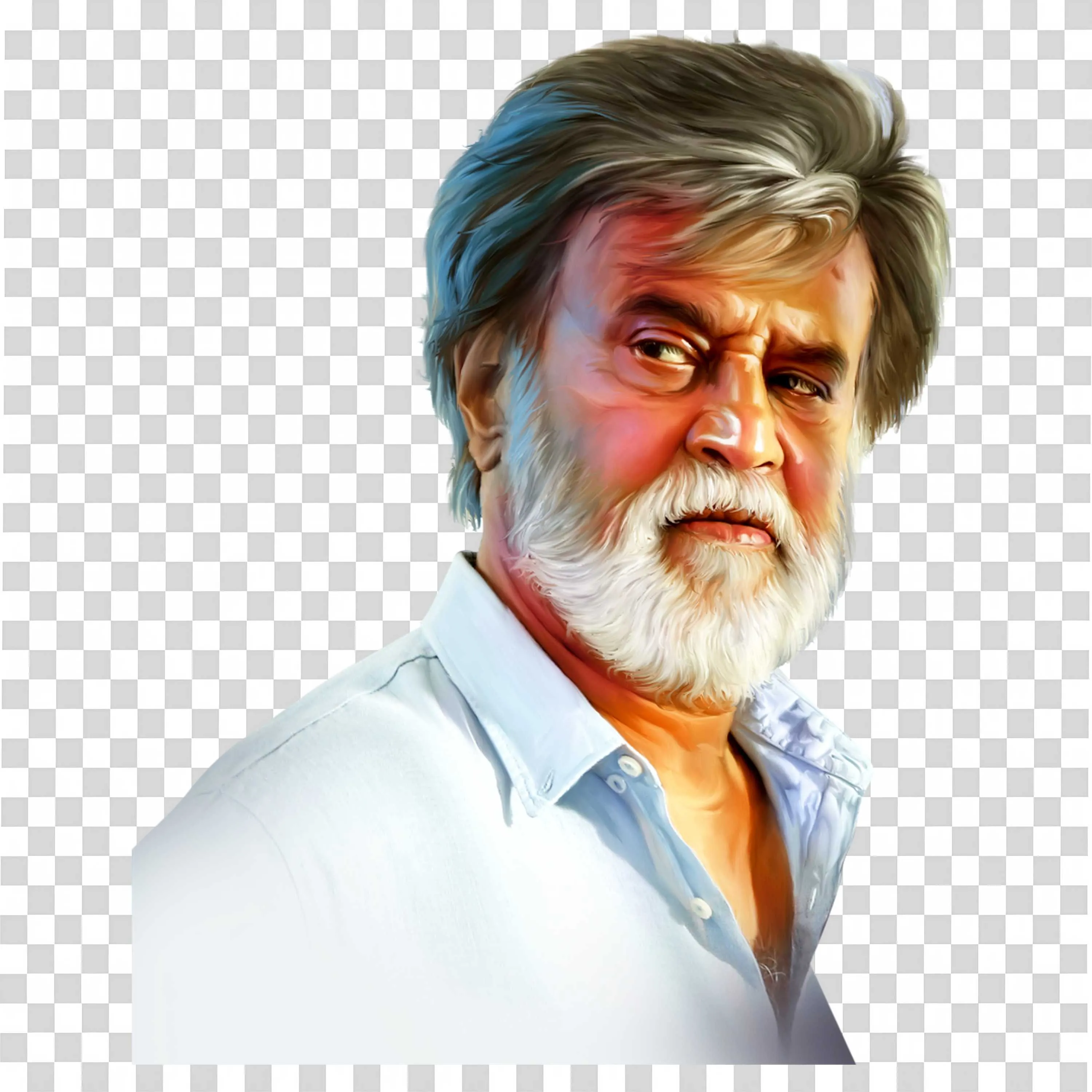 Rajinikanth White Shirt with Grey Hair and Beard Portrait Art