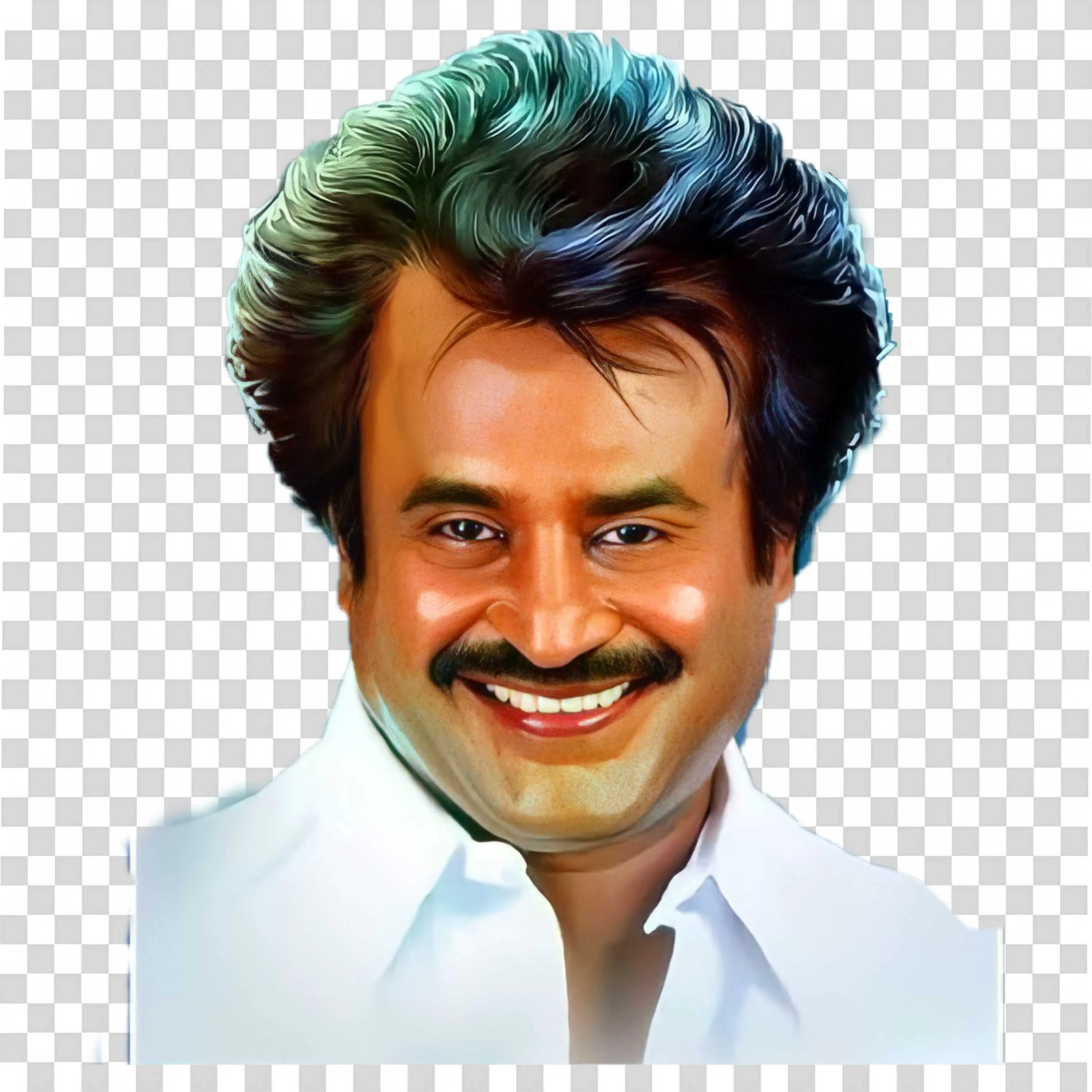 Rajinikanth White Shirt with Thick Hair and Bright Smile Art