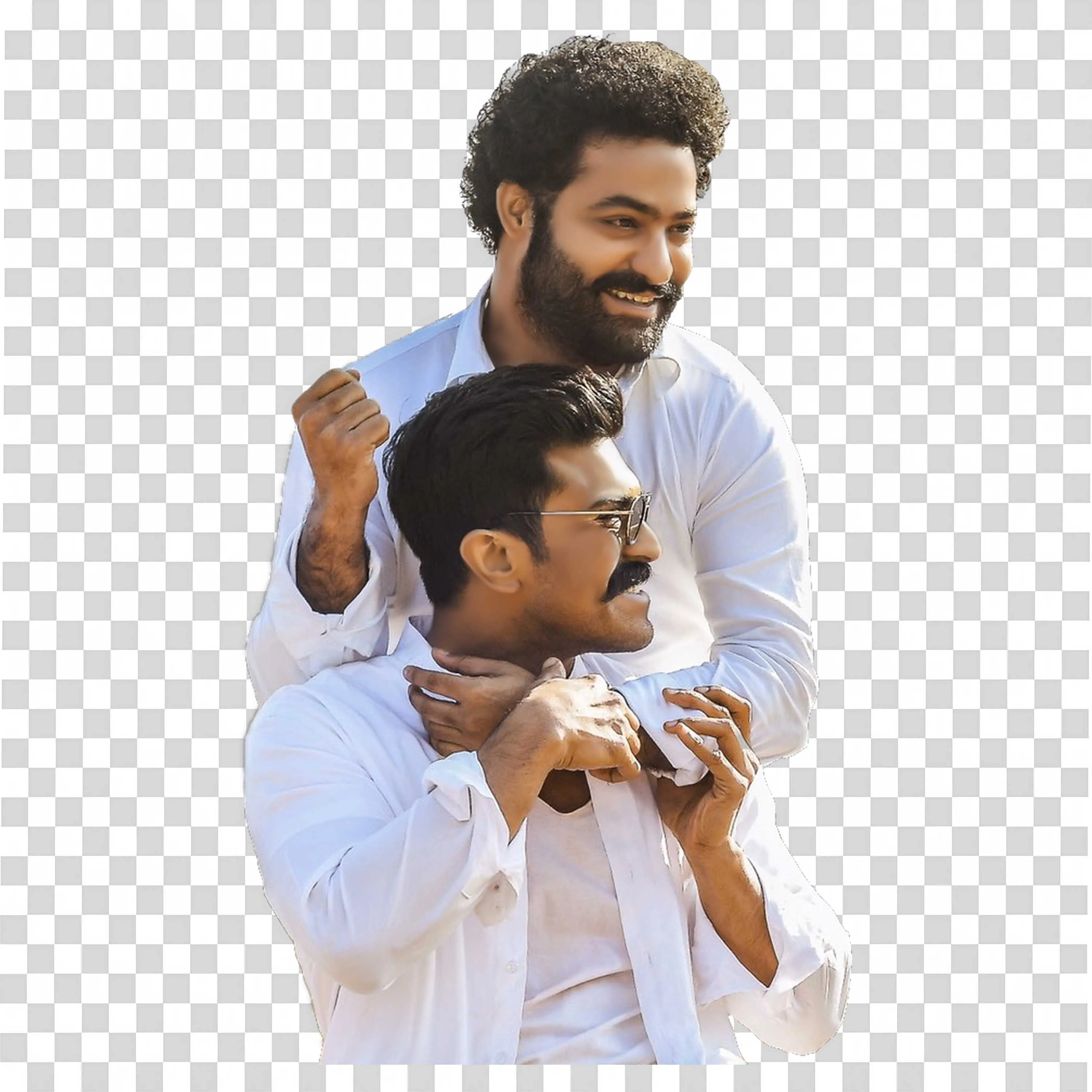 Ram Charan and Jr NTR Smiling Together in White Outfits PNG