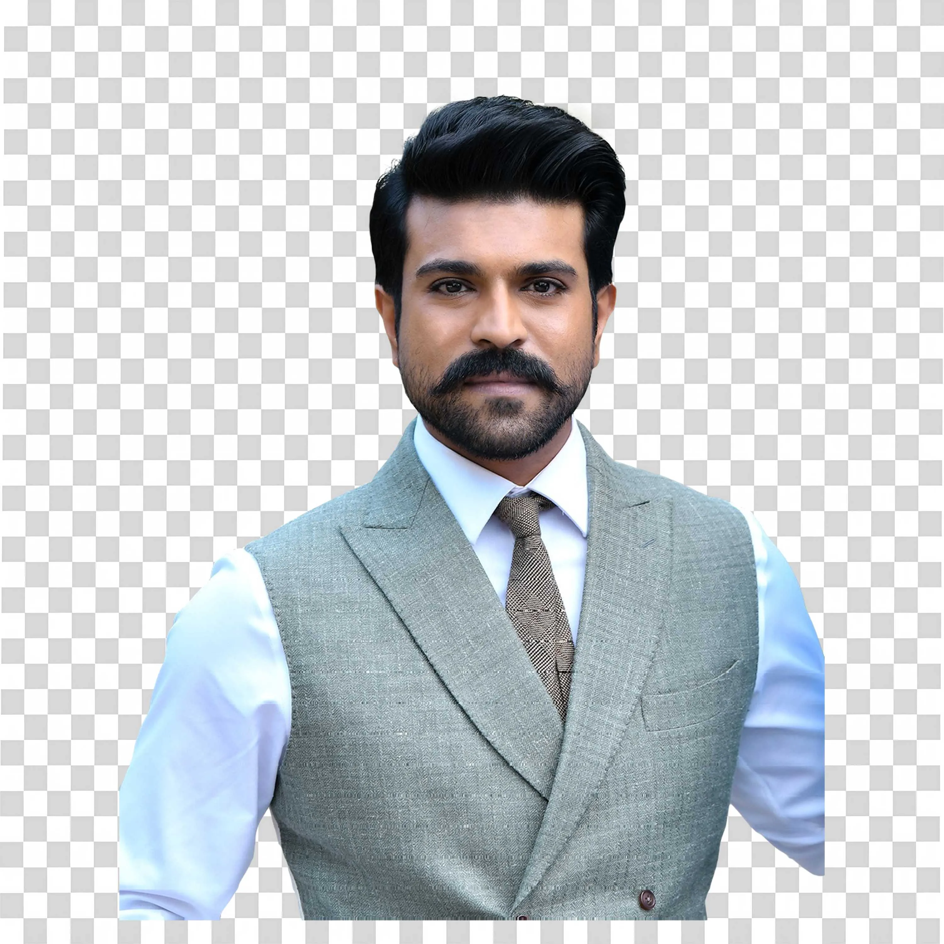 Ram Charan in Formal Grey Suit with Neatly Groomed Beard
