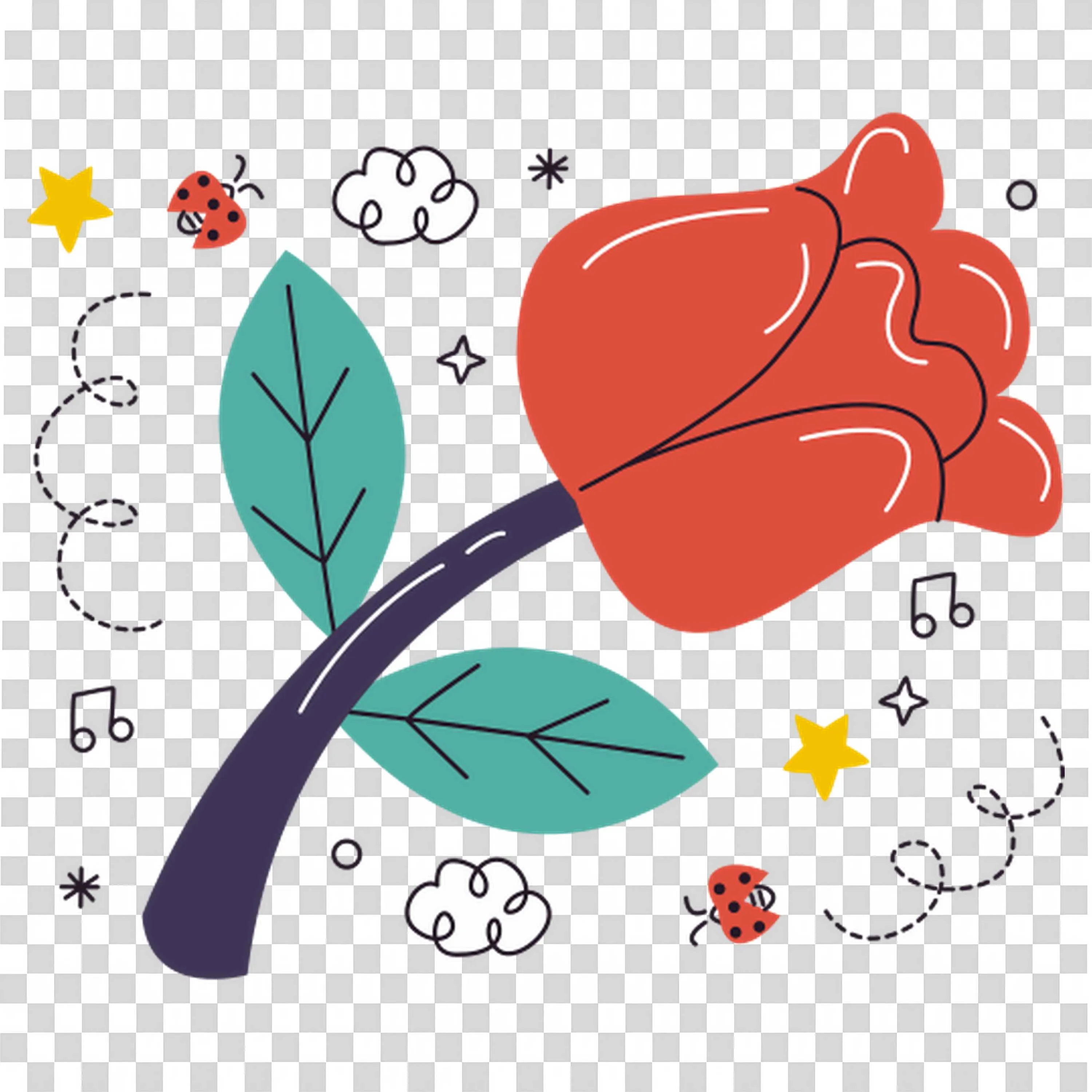 A Single Red Rose with Sparkles and Floating Leaves