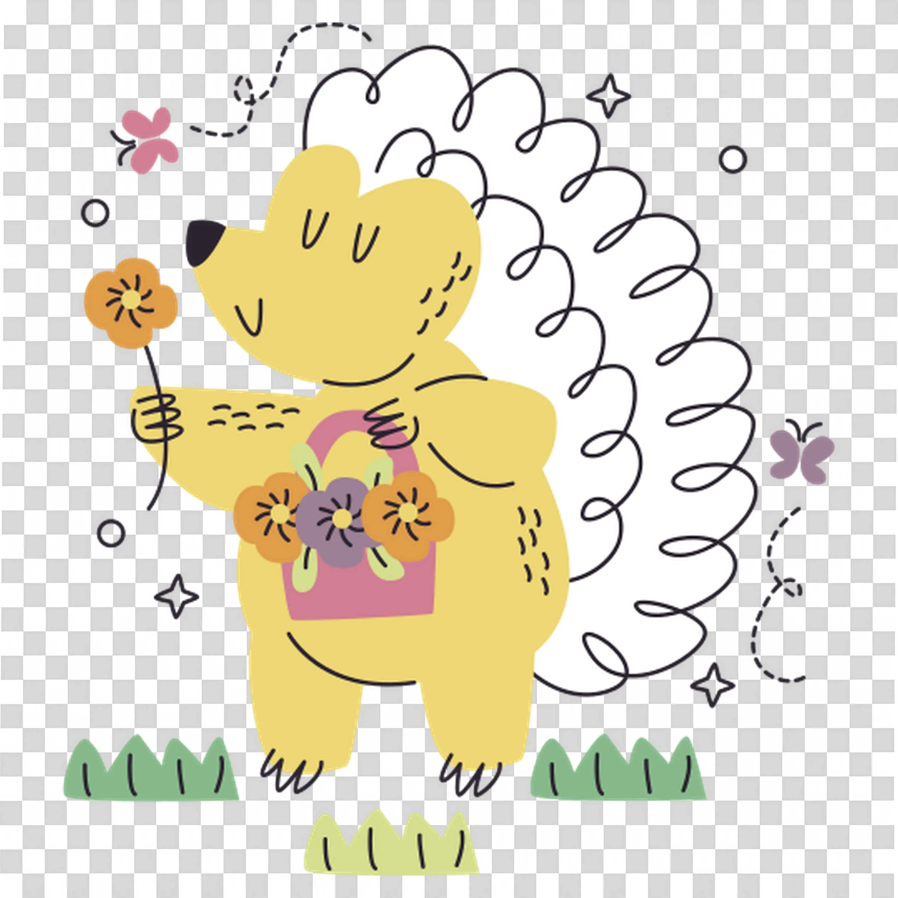 Adorable Yellow Hedgehog Holding Flowers and Smiling