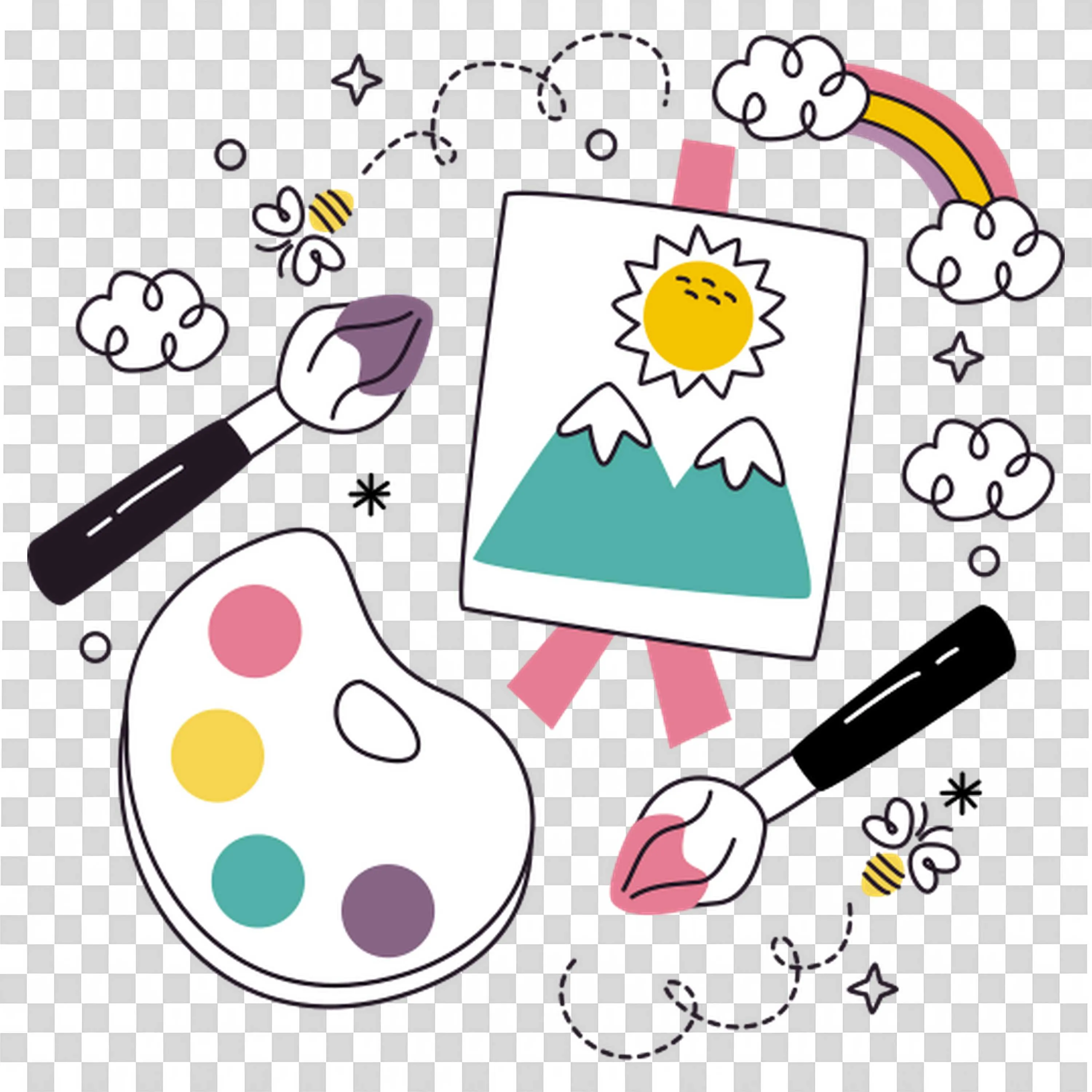 Art Tools with PAInt Palette and Canvas with Sunny Drawing