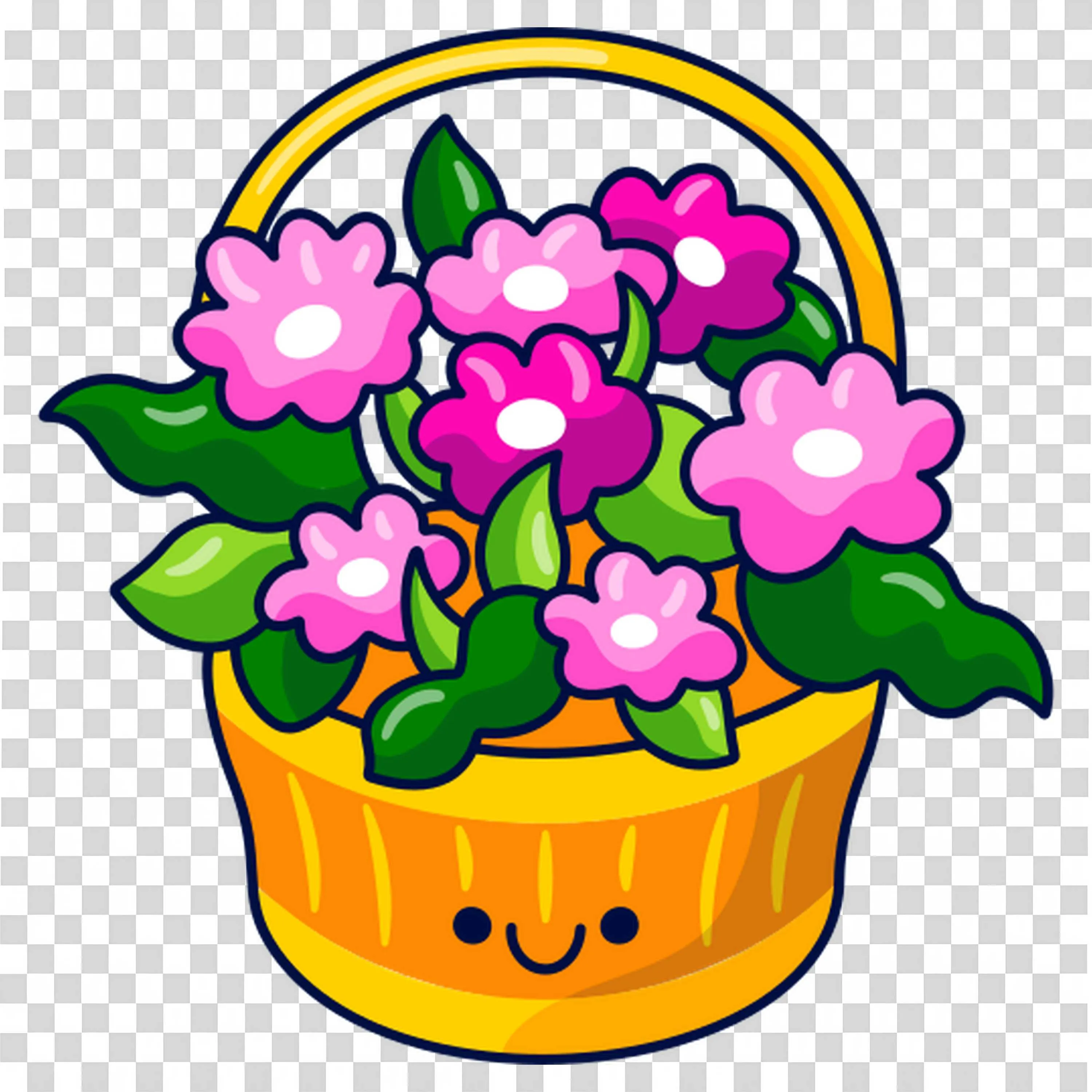 Basket Of Pink Flowers with Happy Smiling Face PNG