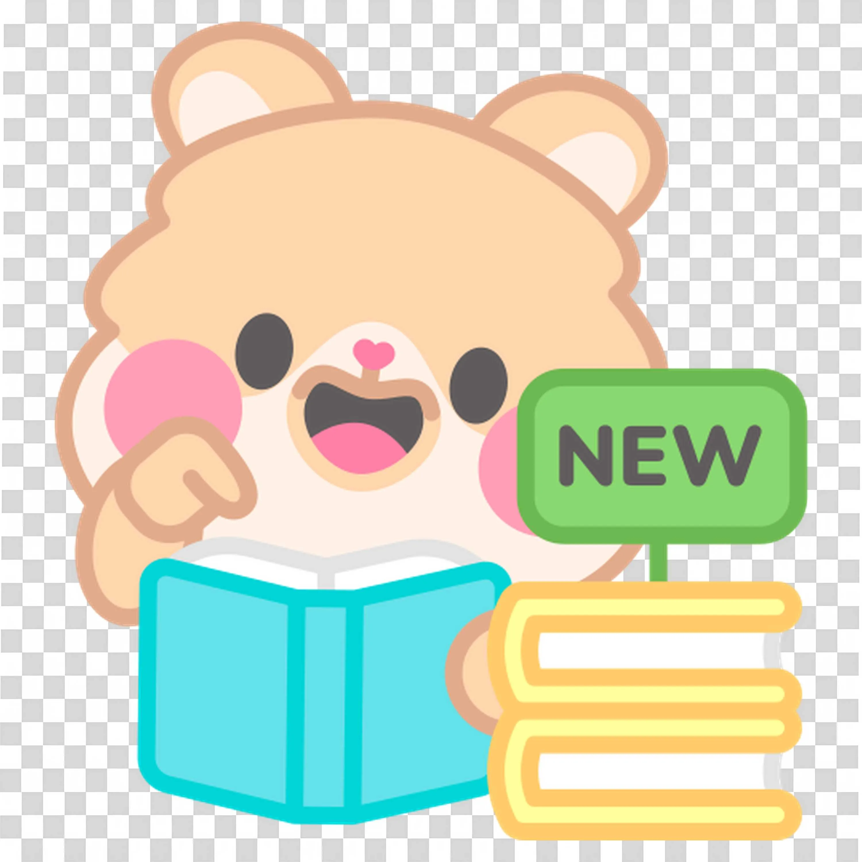 Bear with Blue and Yellow Books Labeled New Near Smiling Face