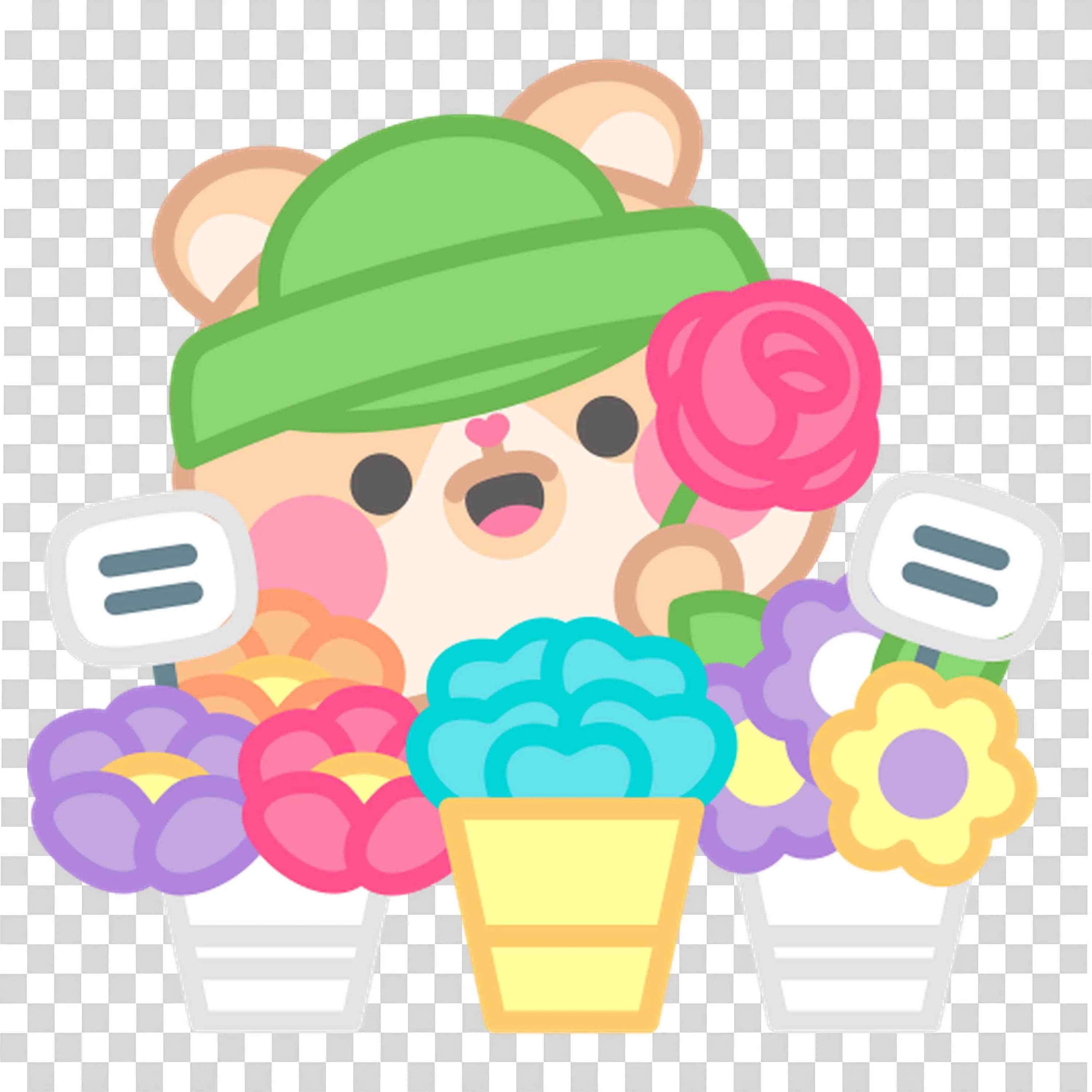 Bear with Green Hat Holding Colorful Flowers PNGImage
