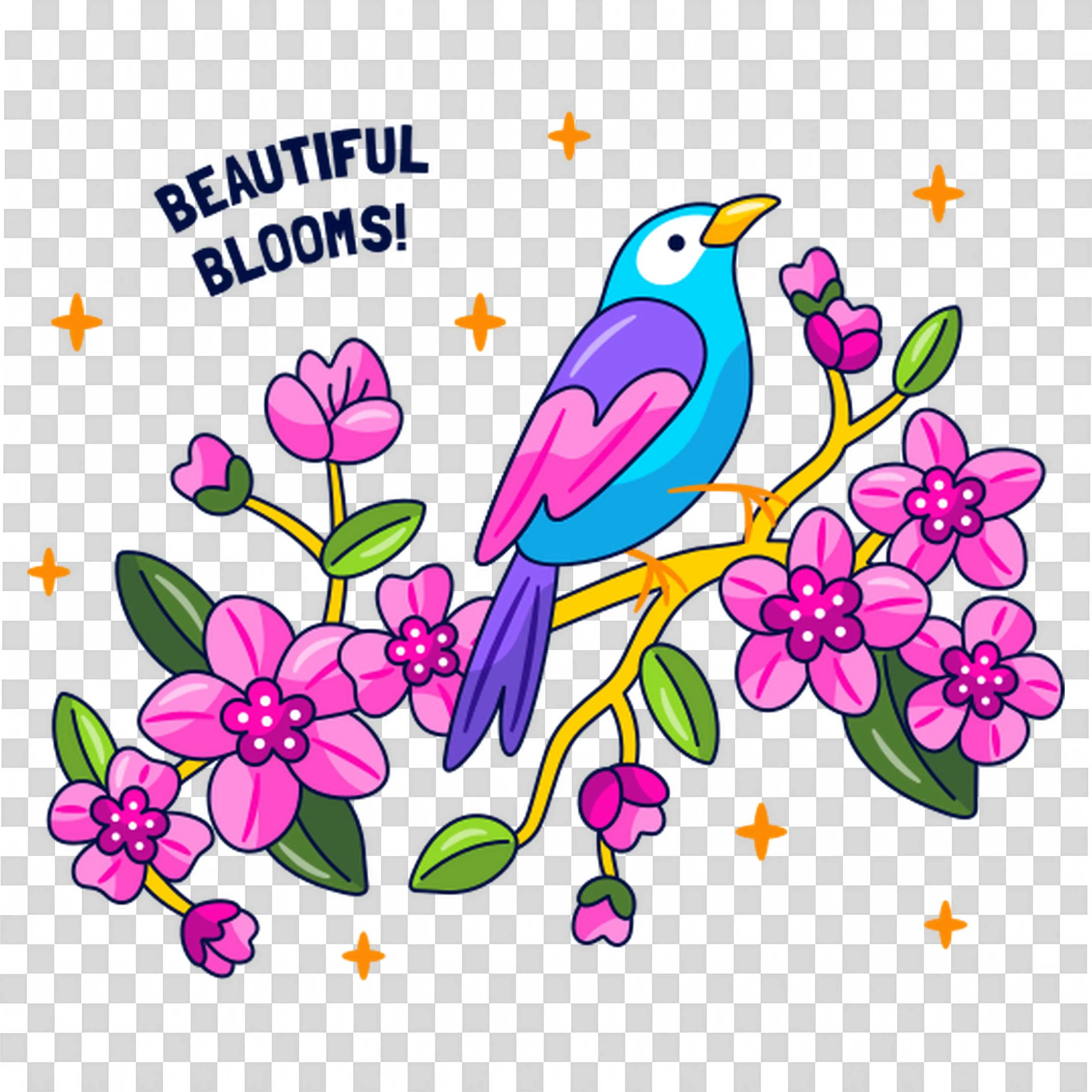 Beautiful Bird Sitting Branch Surrounded By Bright Flowers