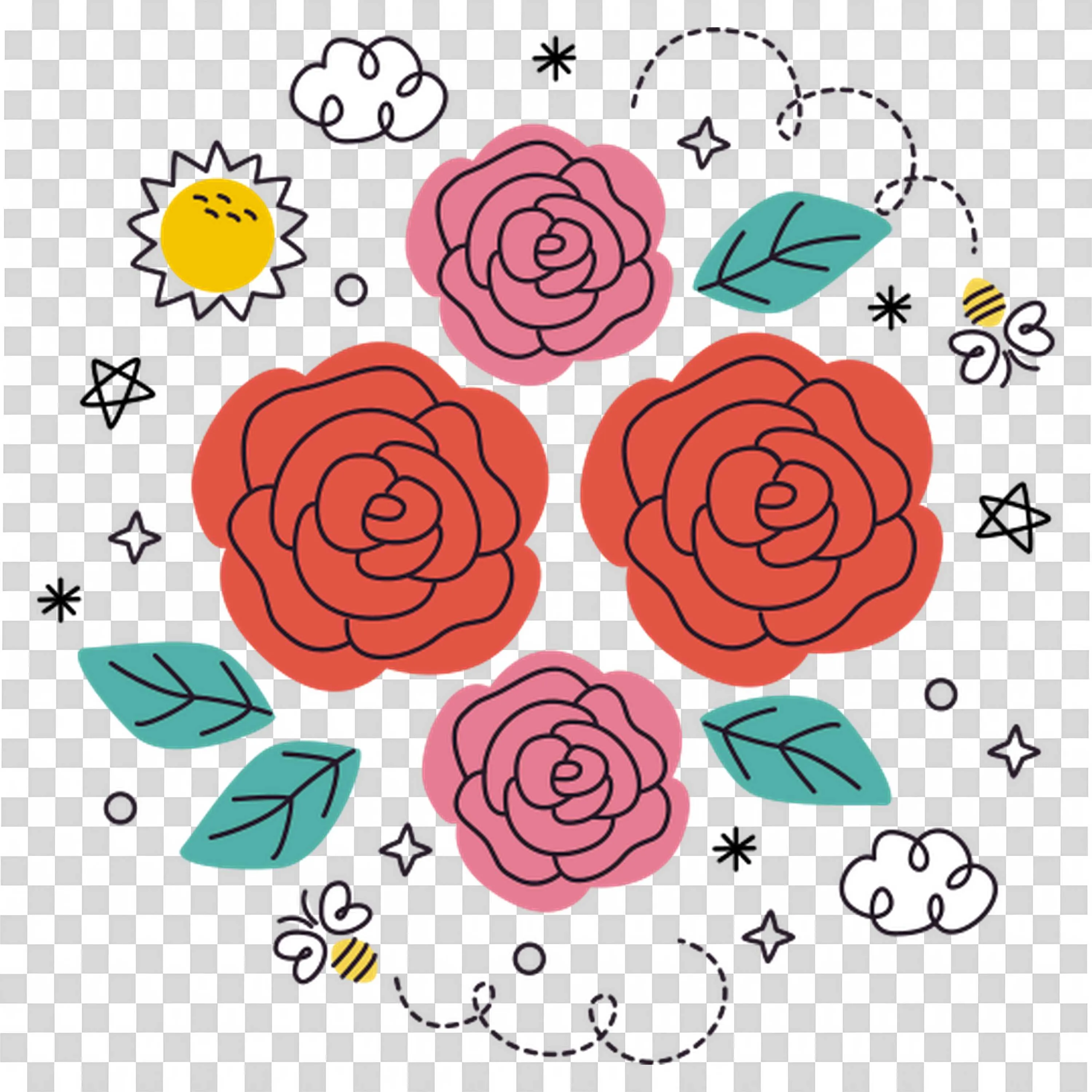 Beautiful Roses and Leaves with Doodles Background