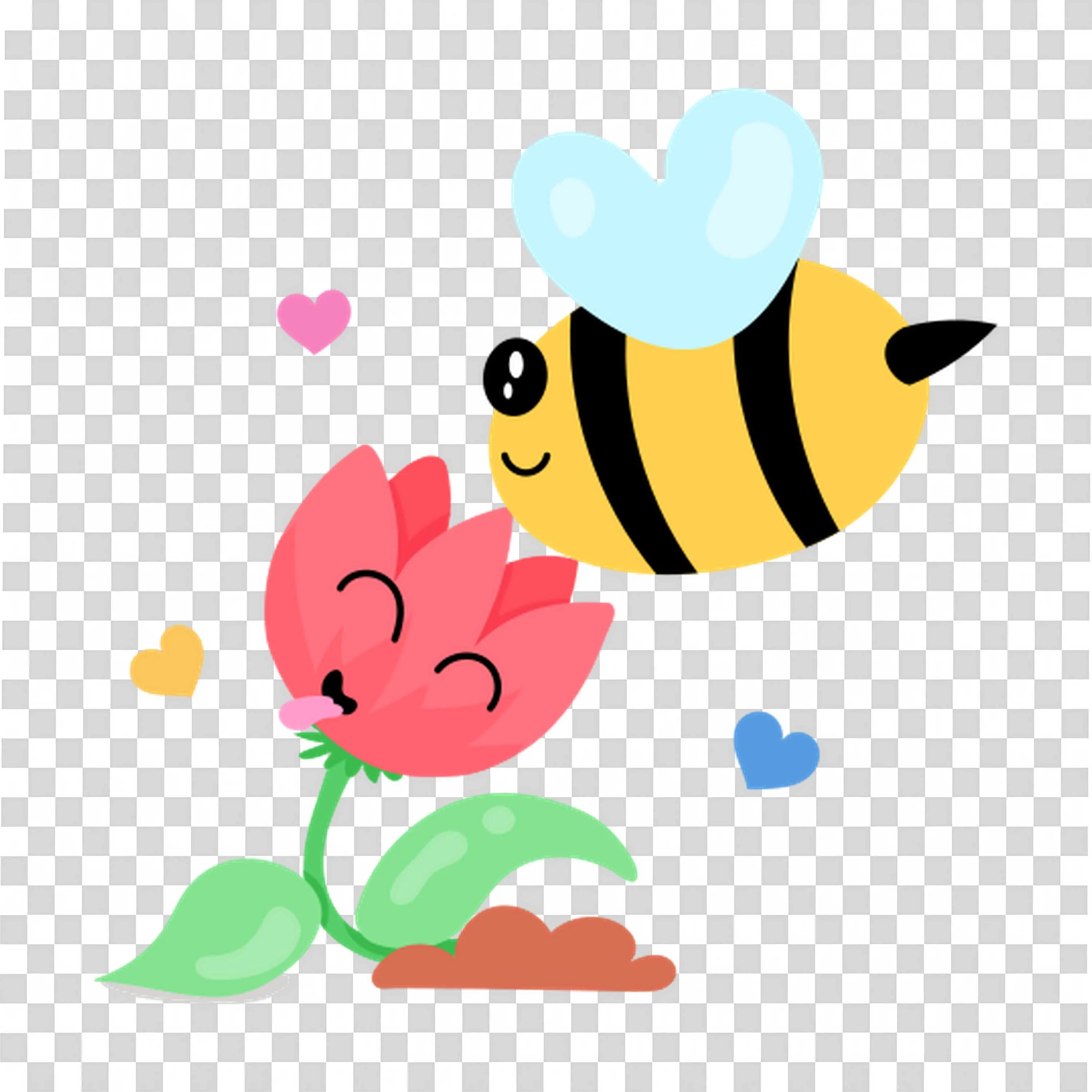 Bee Flying Near Pink Flower with Hearts Around Free PNG