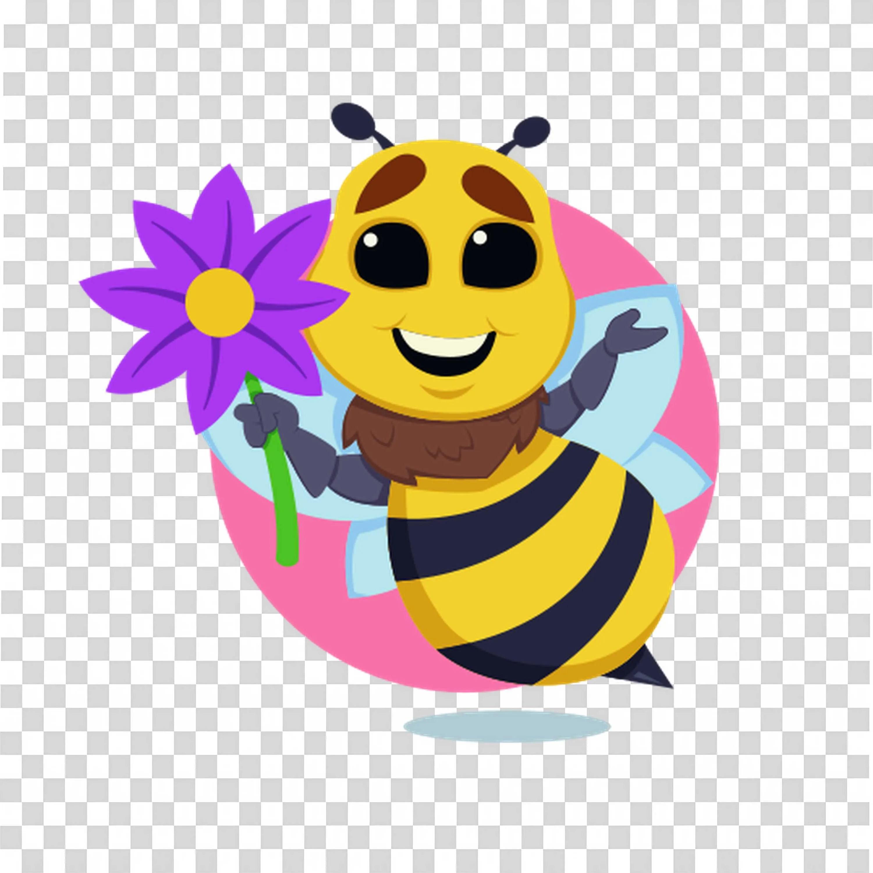 Bee Holding Purple Flower and Flying with Cheer Free PNG