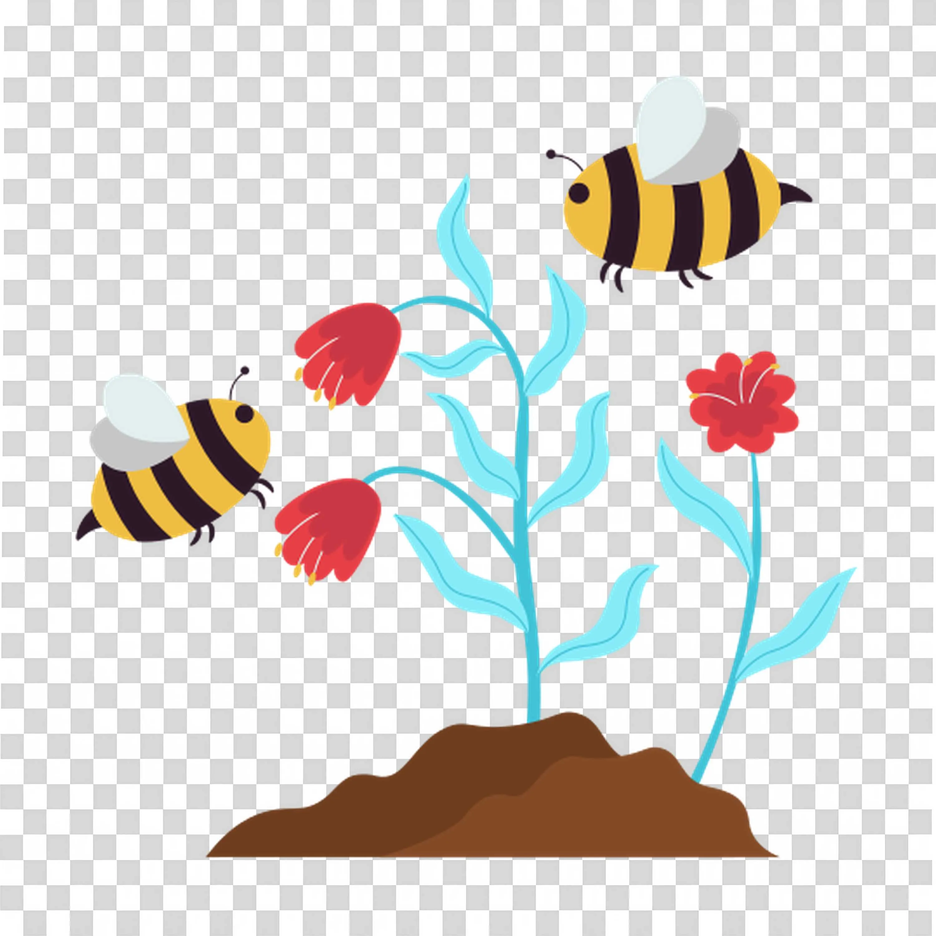 Bees Flying Near Colorful Flowers on a Green Plant PNG