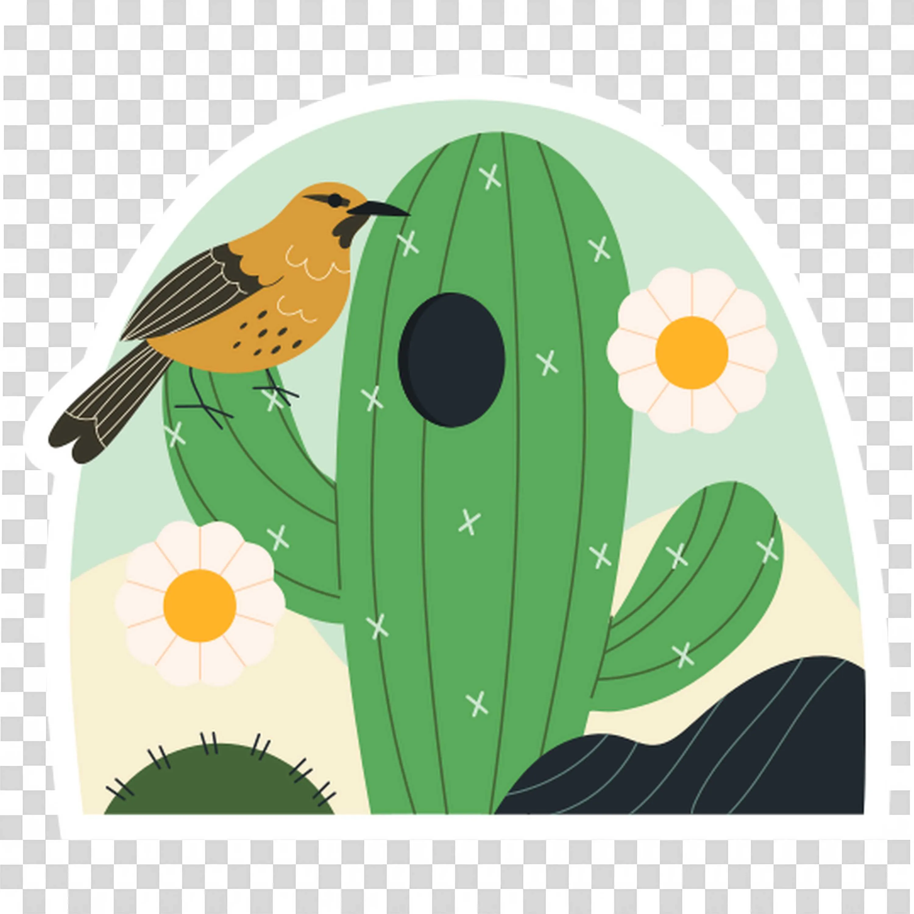 Bird Resting on Cactus with Flowers in Desert Scene