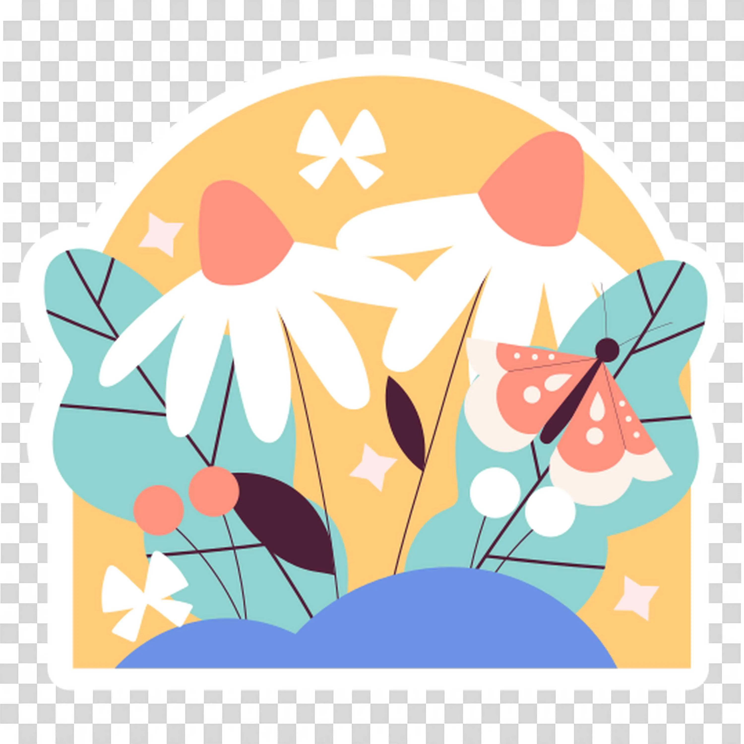 Bird Sitting Near White and Yellow Flower Patch PNG