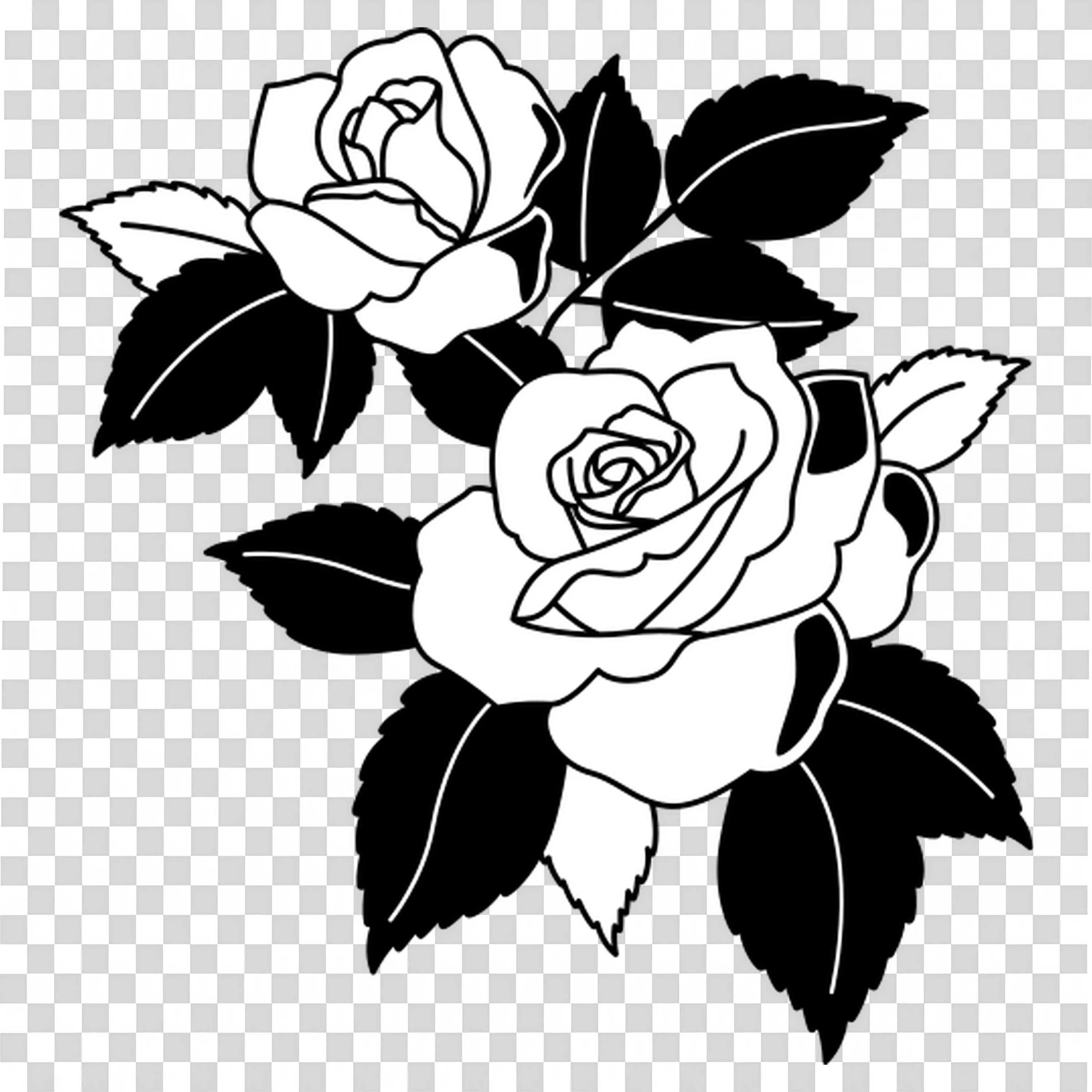 Black and White Drawing Of Rose and Leaf Design Free PNG