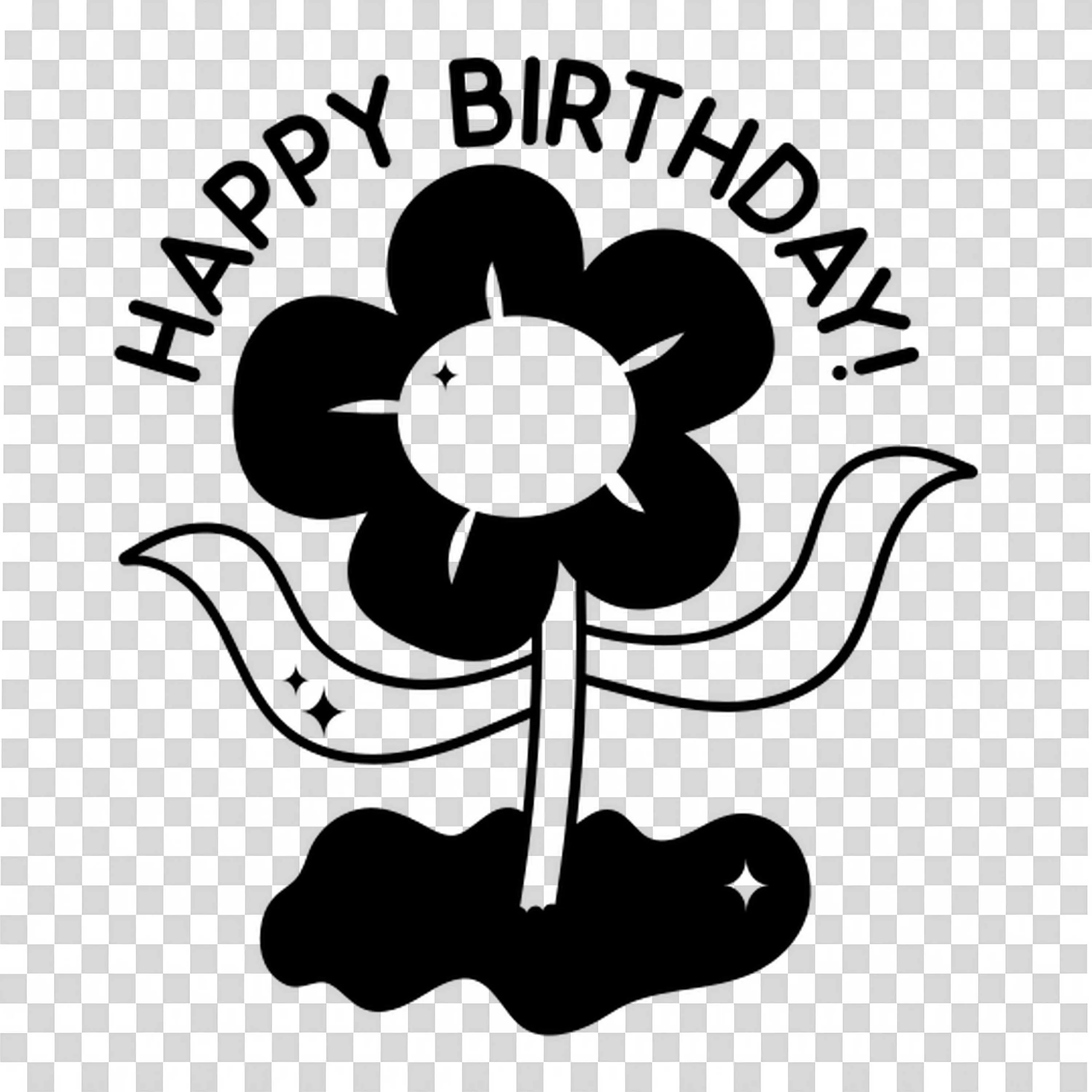 Black Flower Cartoon Character with Happy Birthday Text