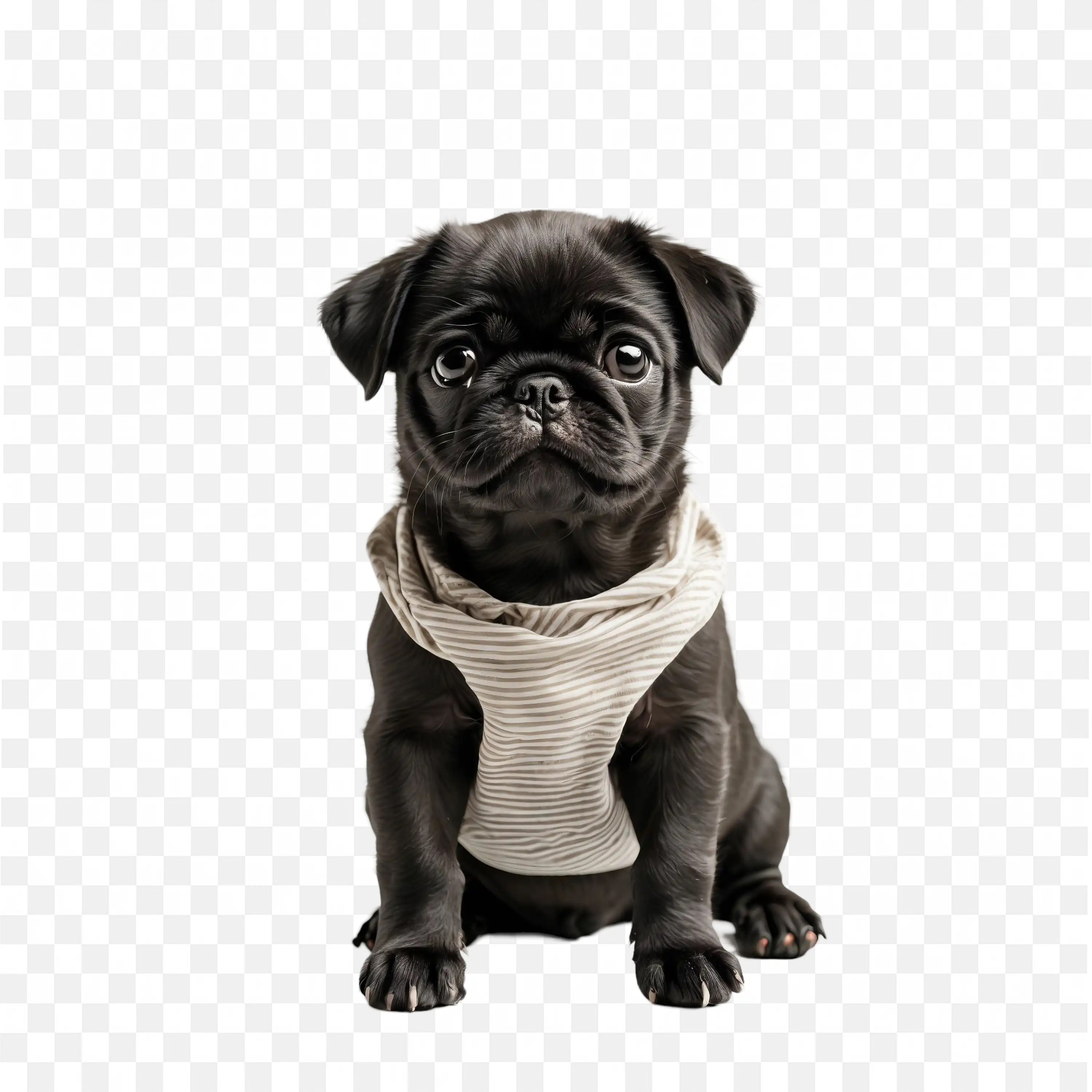 Black Pug Puppy Sitting with Sad Expression PNG Art