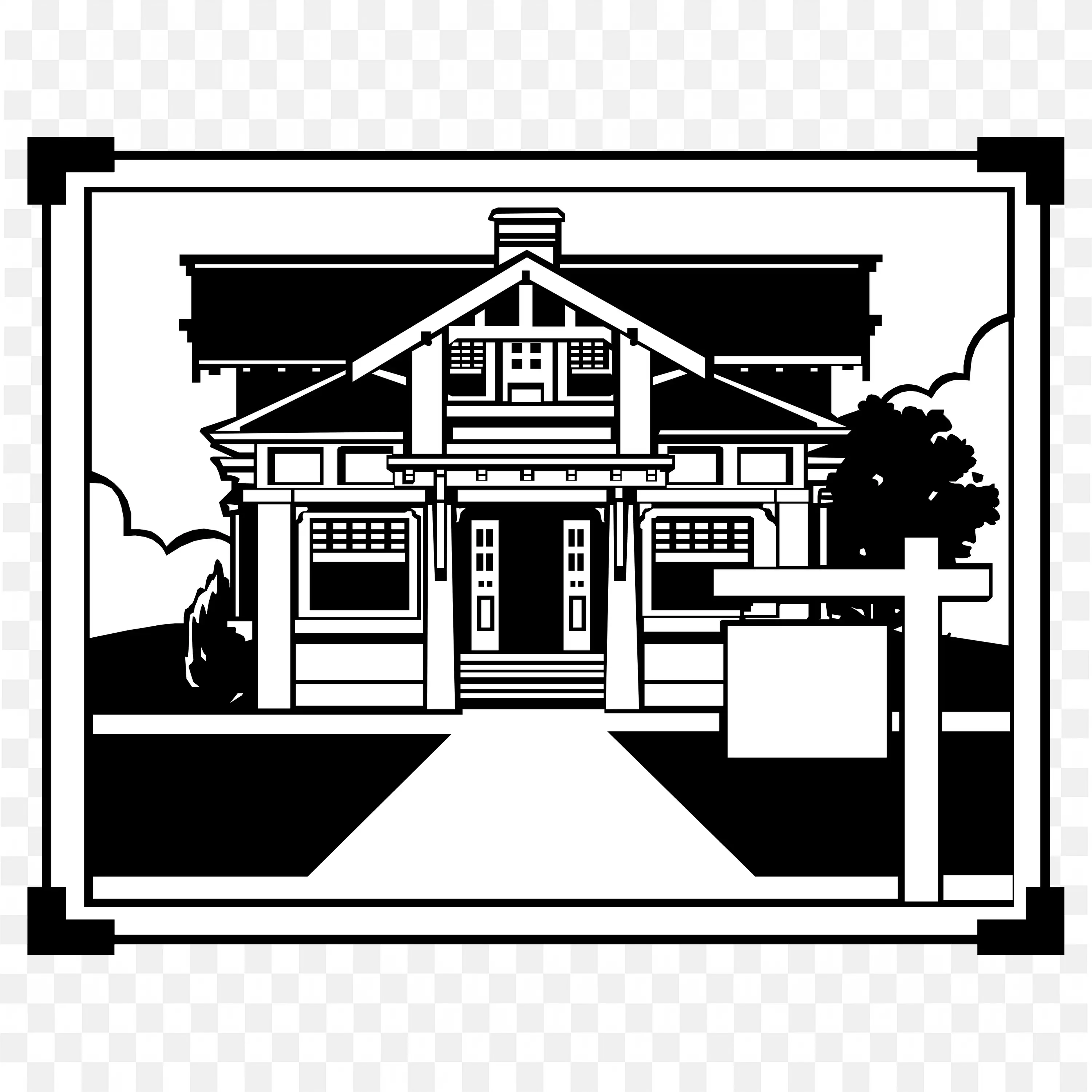 Black and White House Front View Real Estate PNG Art