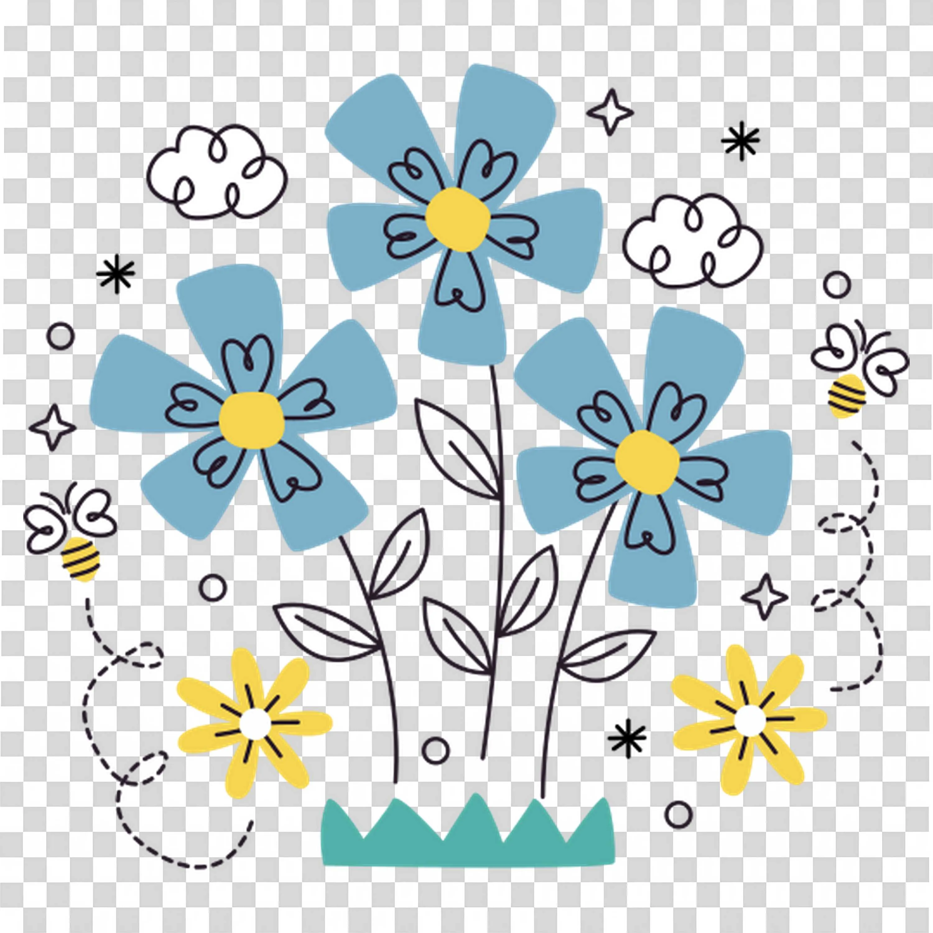 Blue and Yellow Flowers with Doodles Of Stars and Clouds