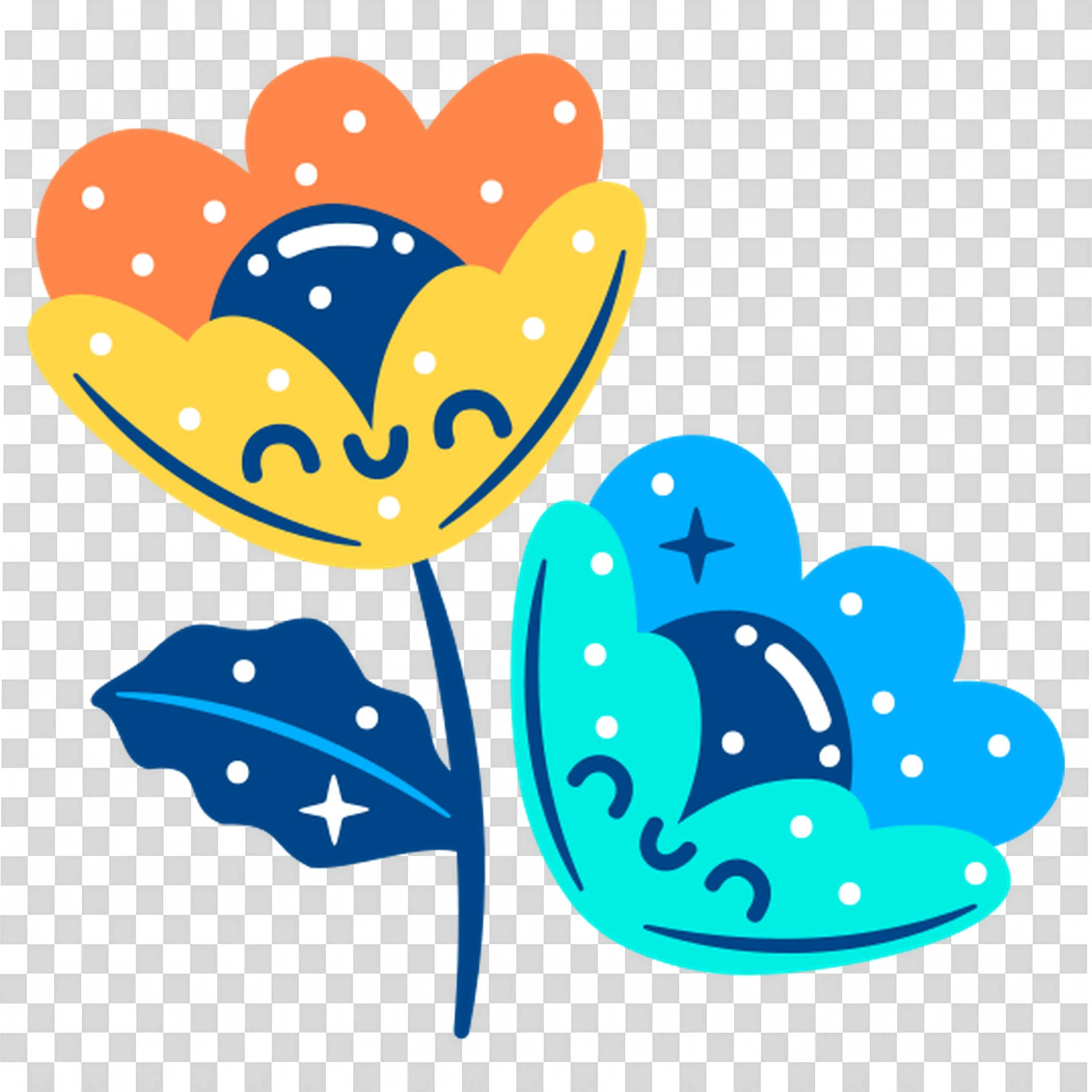 Blue and Yellow Petals on Smiling Flower Stems PNGImage