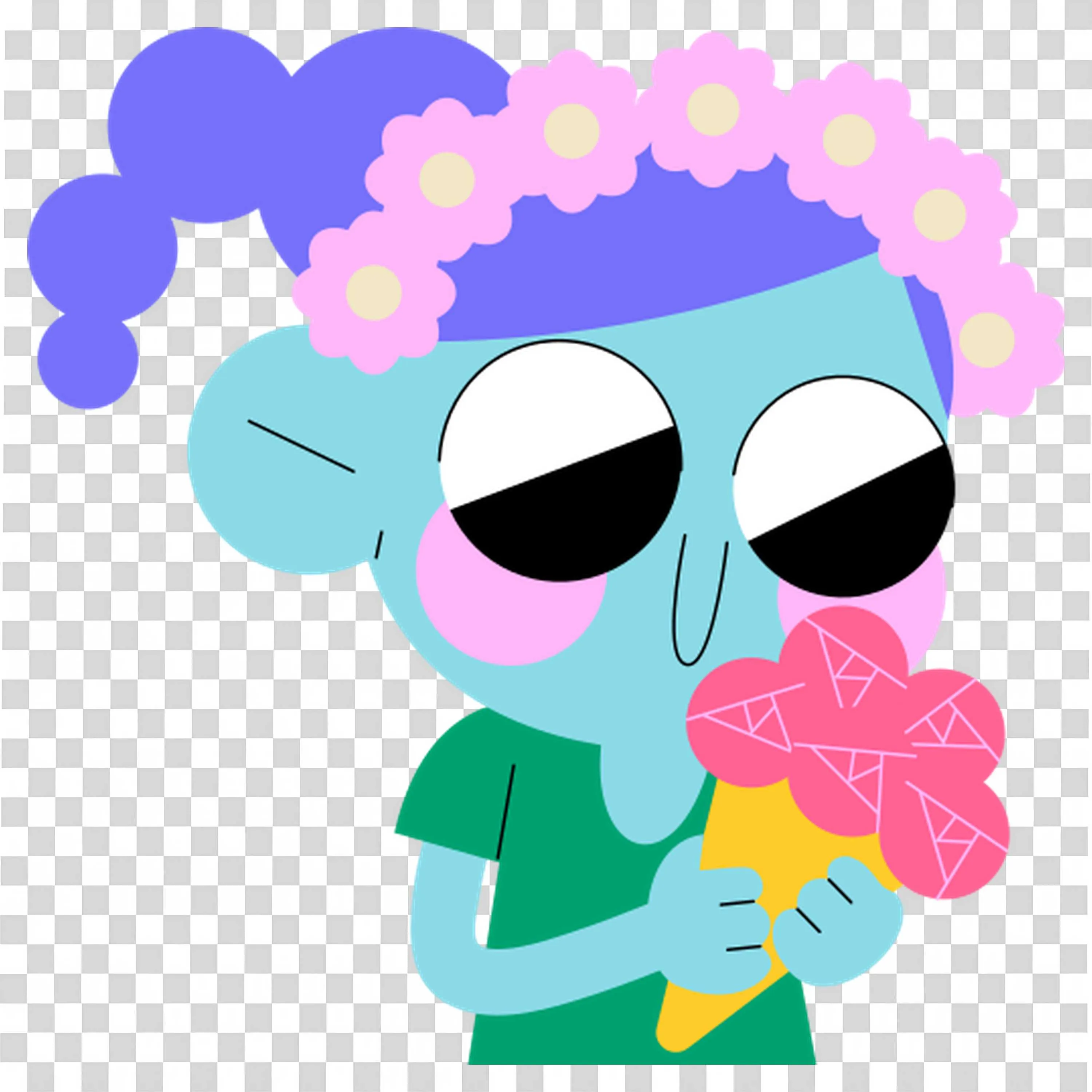Blue Character with Pink Flowers Feels the Love Free PNG