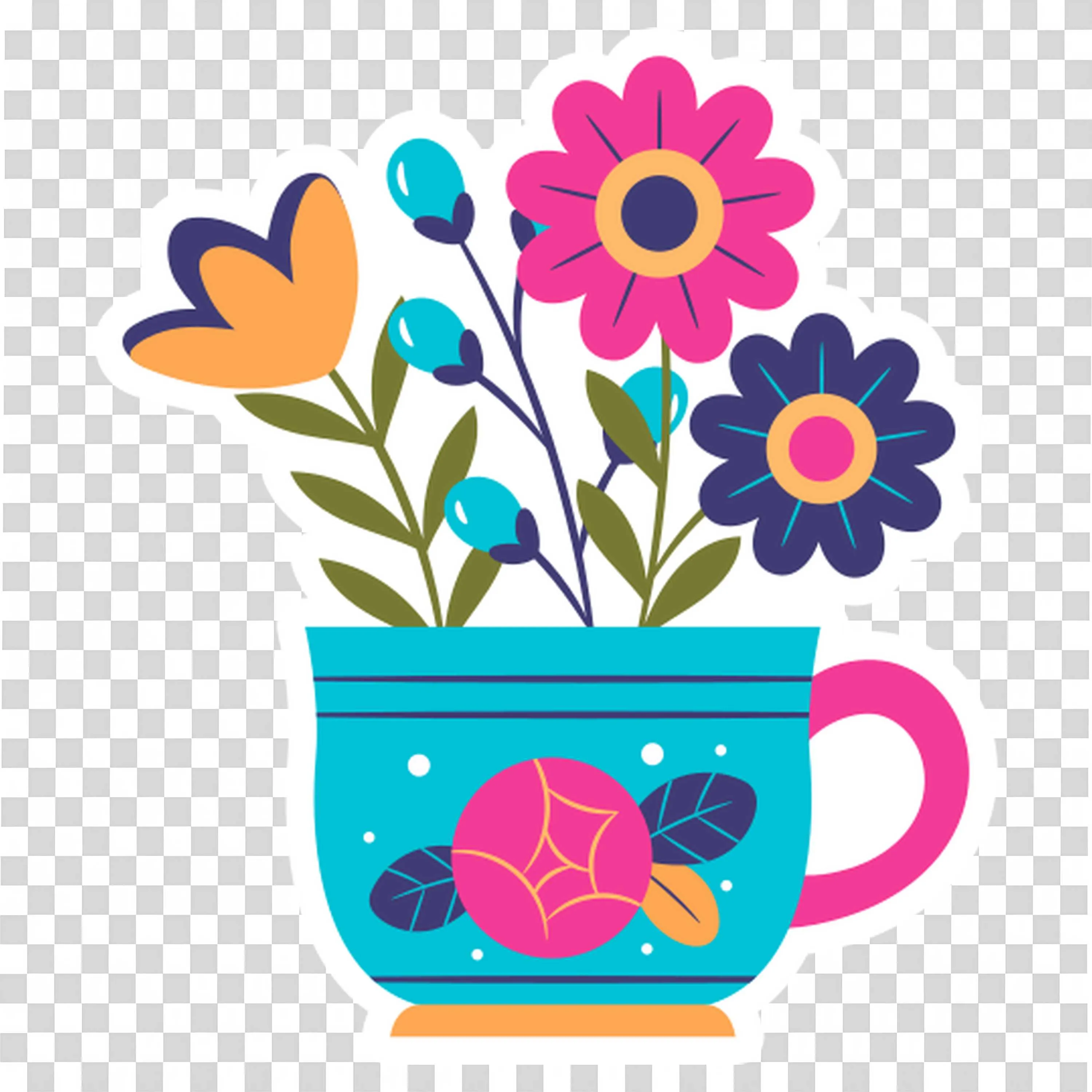 Blue Cup with Colorful Flowers and Leaf Design PNG