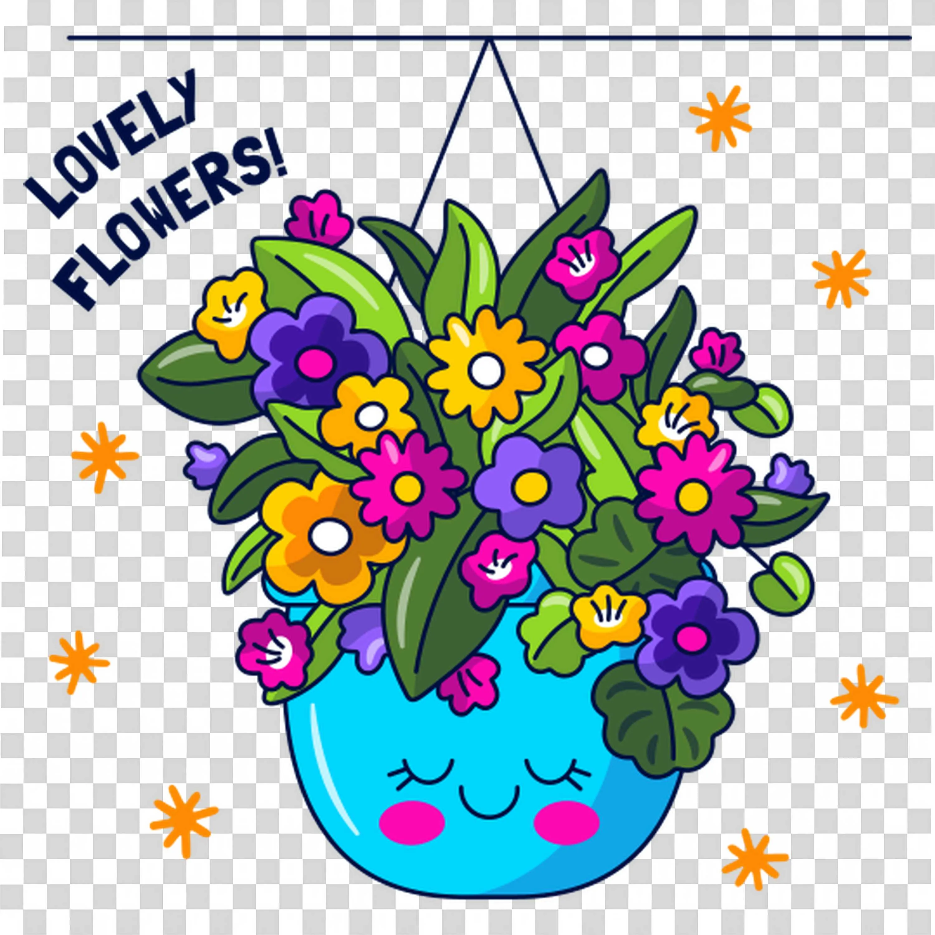 Blue Hanging Pot Filled with Colorful Springtime Flowers