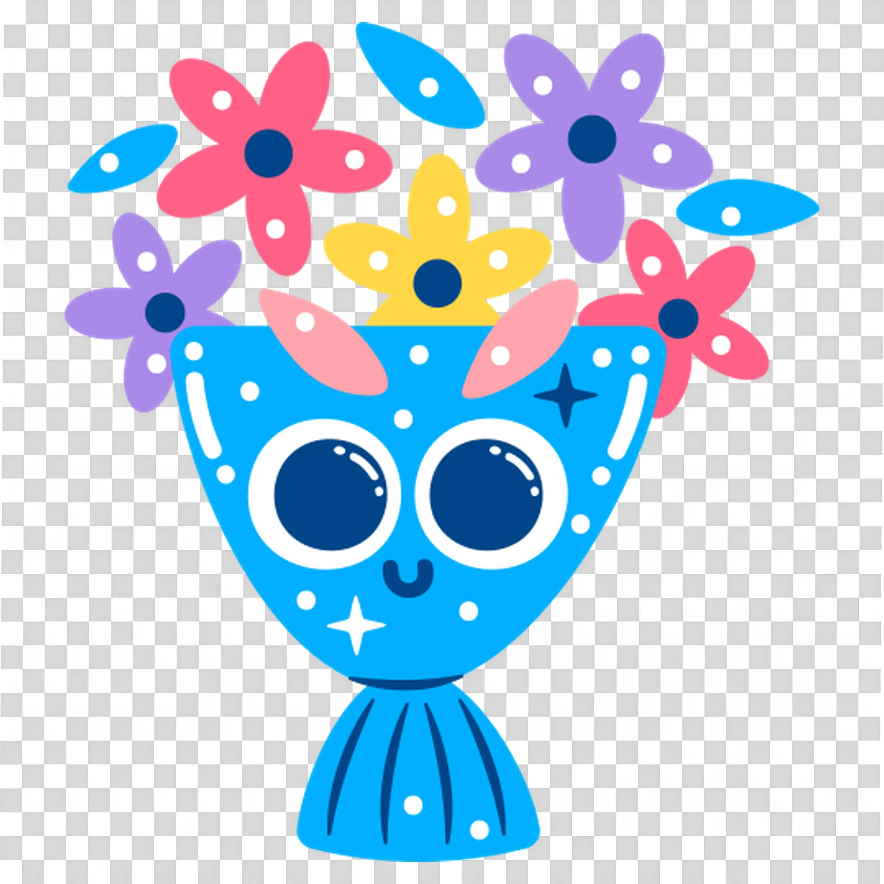 Blue Vase Filled with Vibrant Colorful Flowers and Skulls