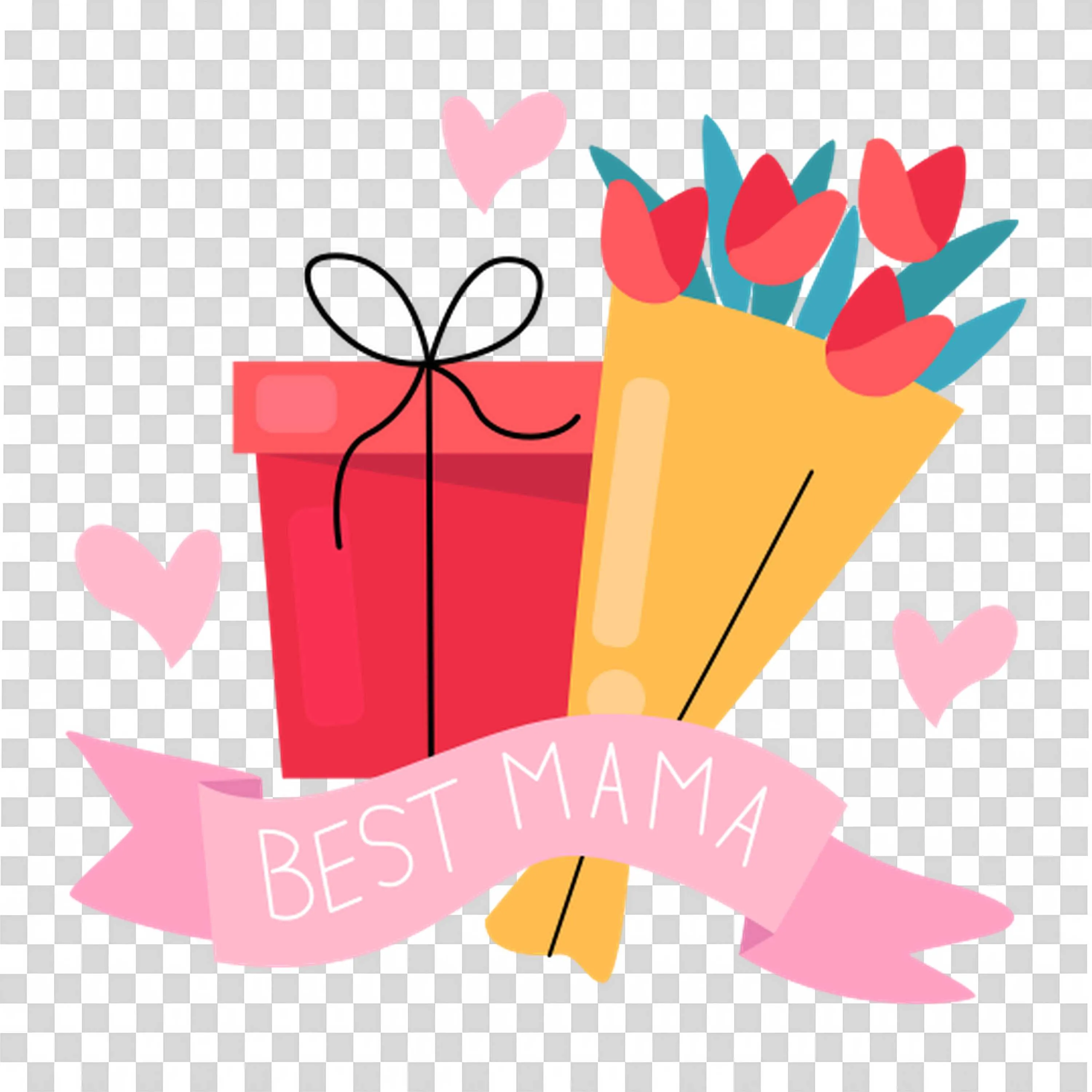Bouquet Of Flowers with Best Mama Banner and Gift PNG