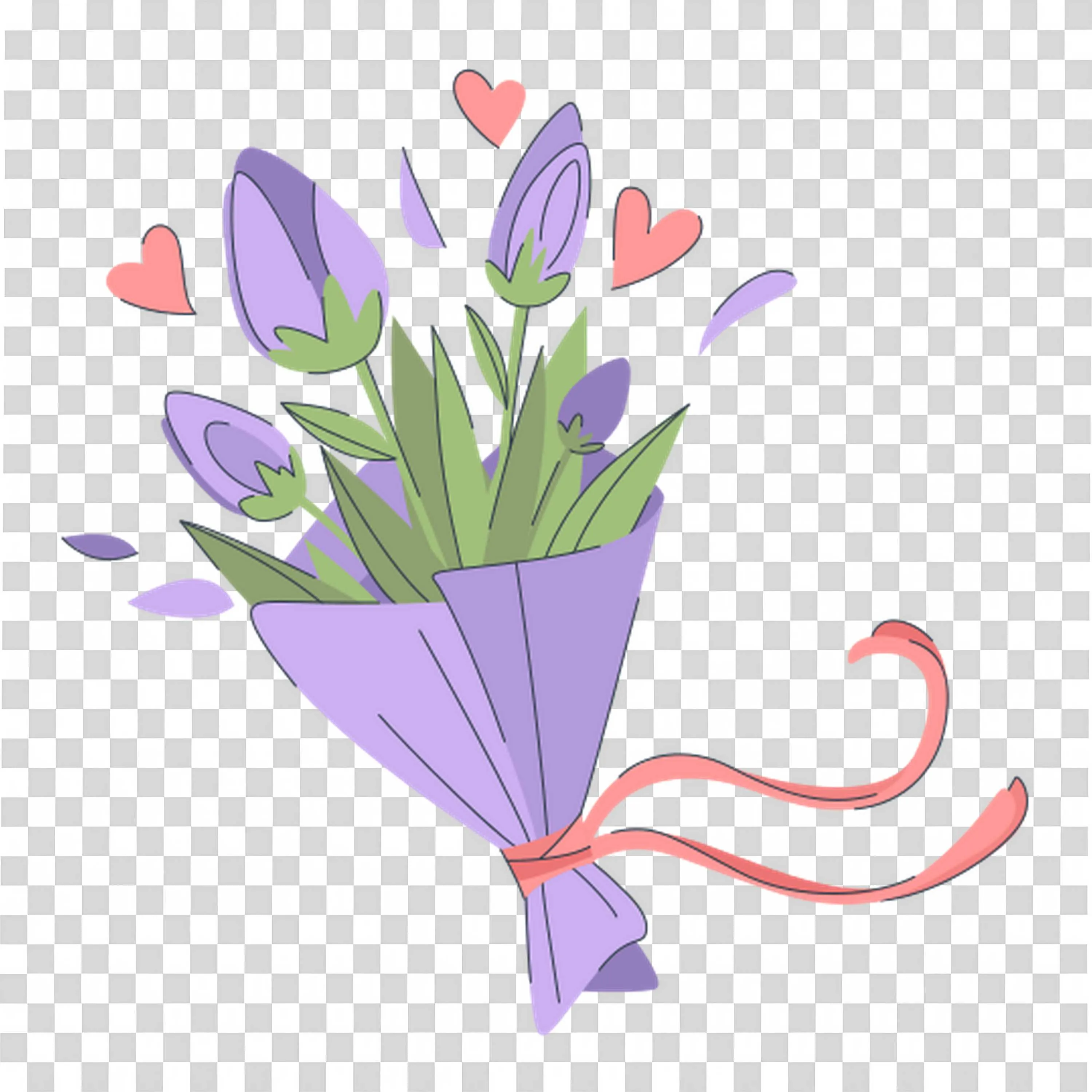 Bouquet Of Purple Tulips Wrapped with Red Ribbon PNG
