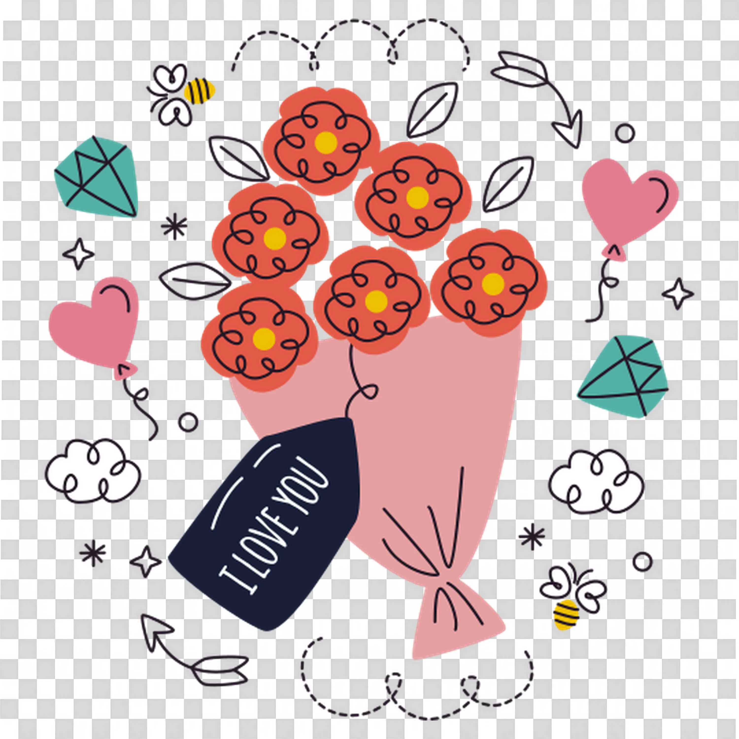 Bouquet Of Red Roses with Hearts and Love Notes PNG