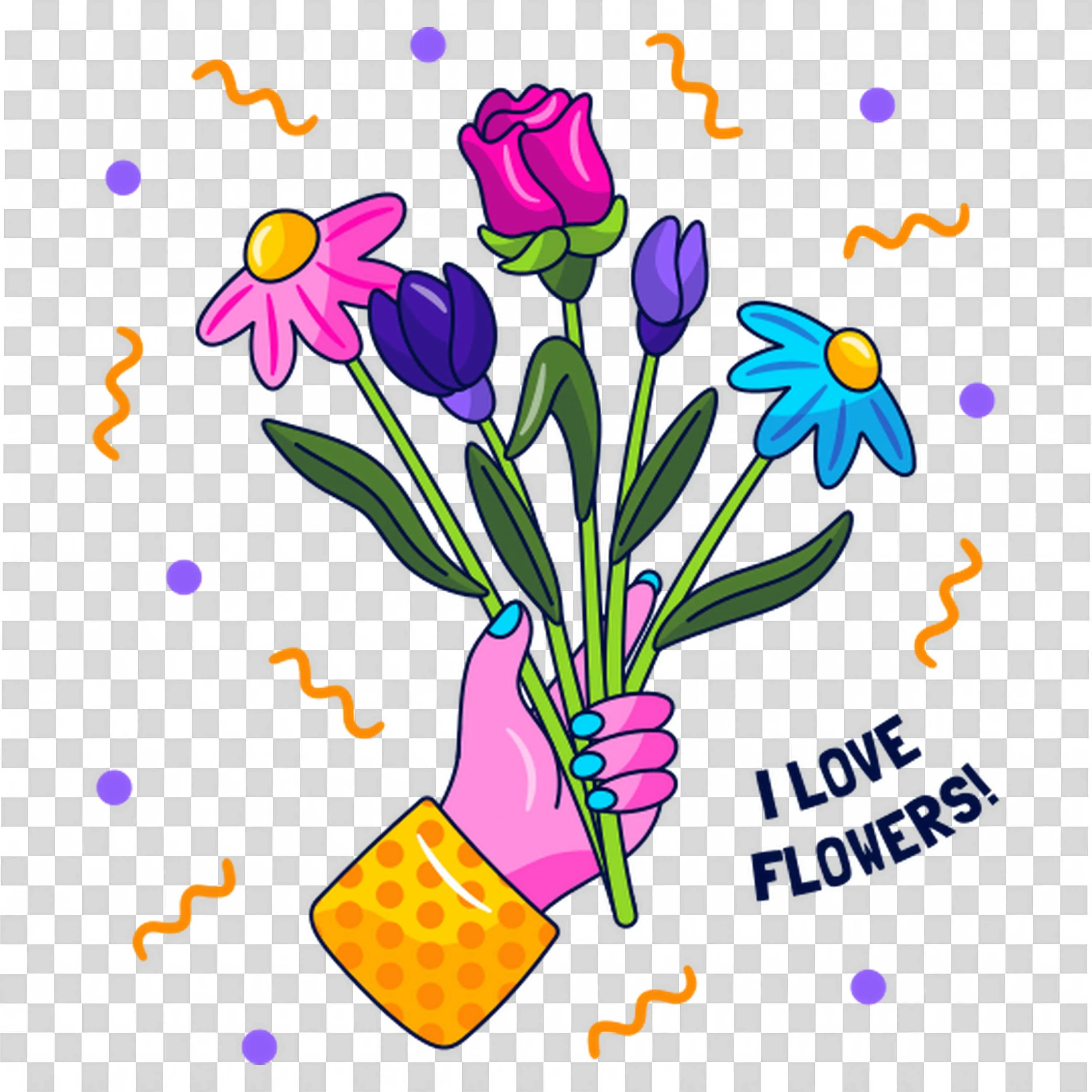 Bright Bouquet with I Love Flowers Message Illustration