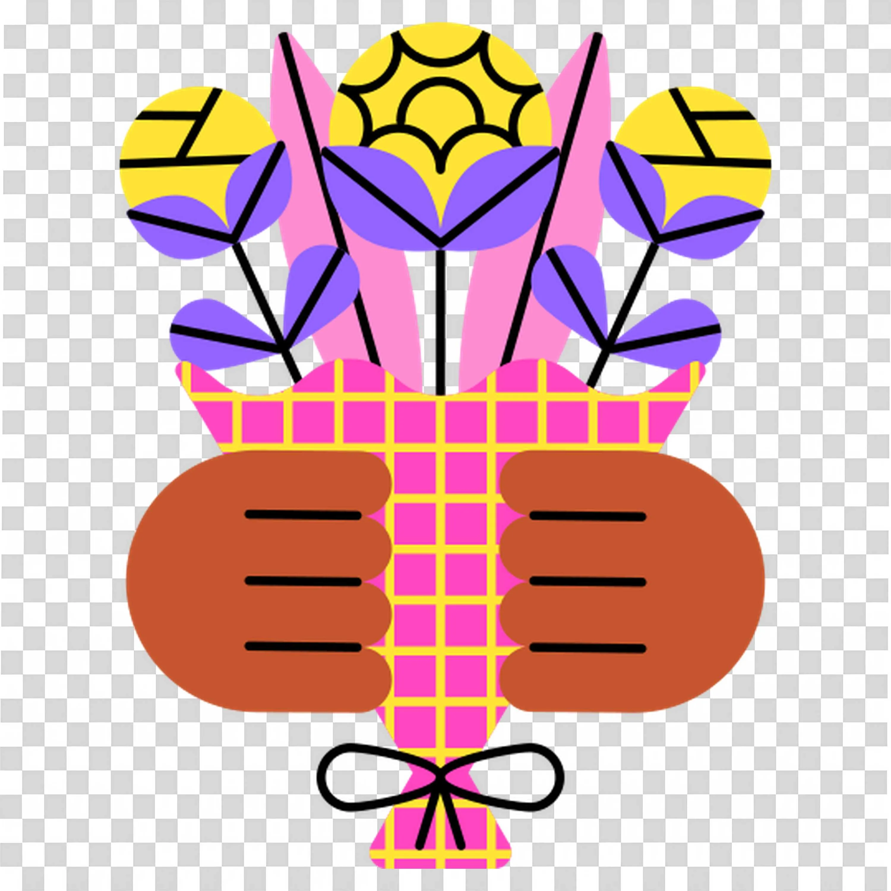 Bright Floral Bouquet Held in Hands with Pink Ribbon