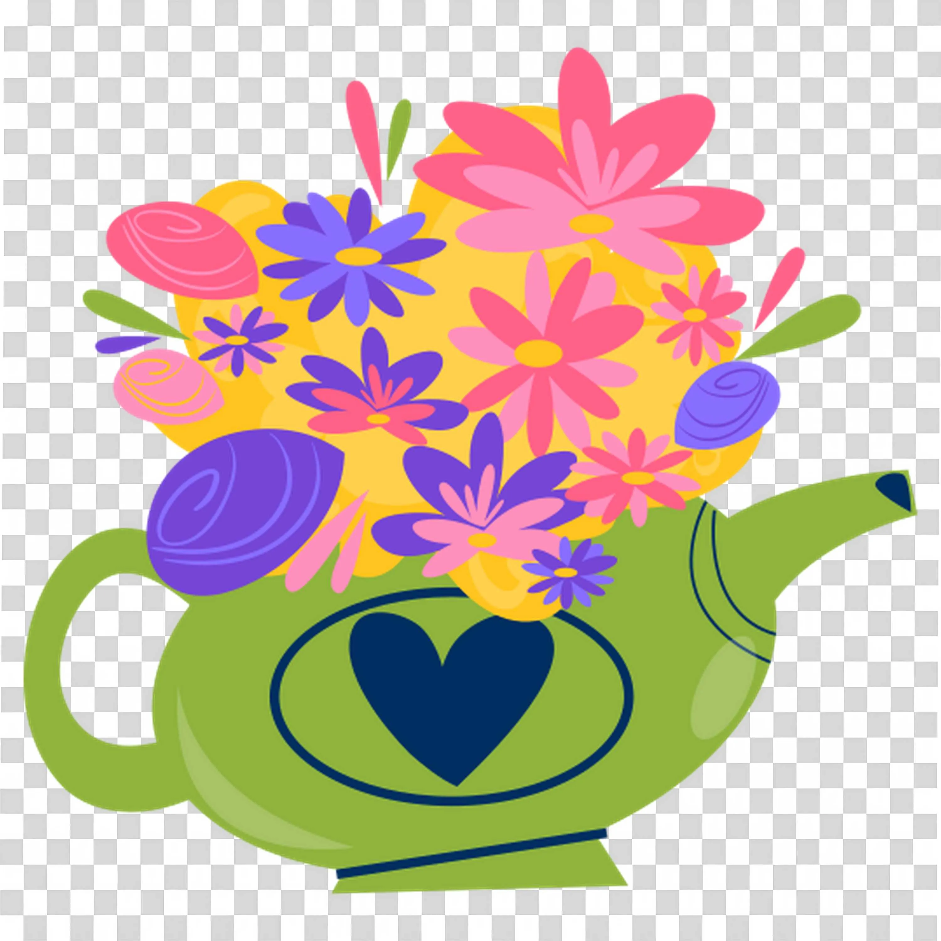 Bright Flowers Inside a Green Teapot with Heart PNG