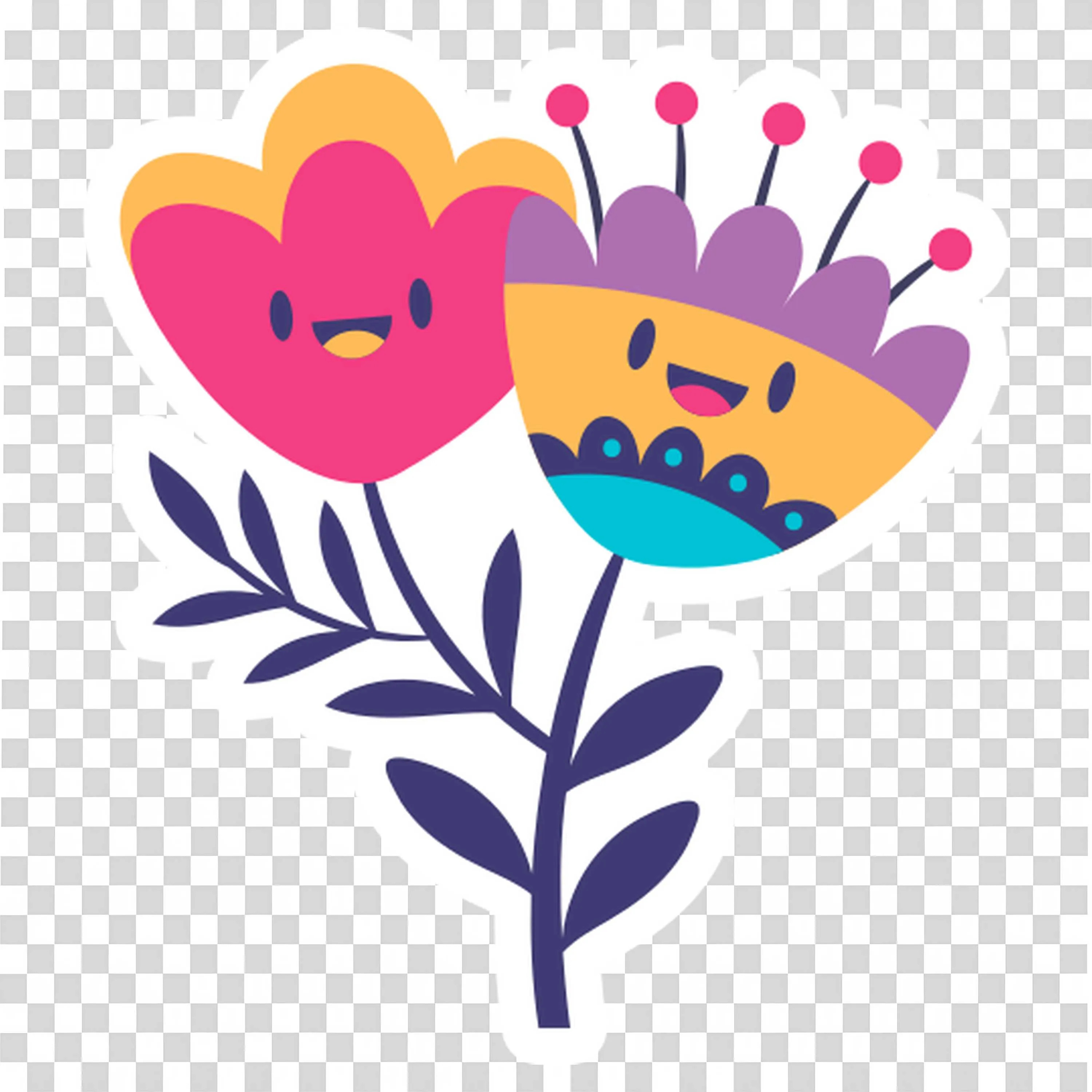 Bright Flowers with Smiling Faces and Colorful Hearts