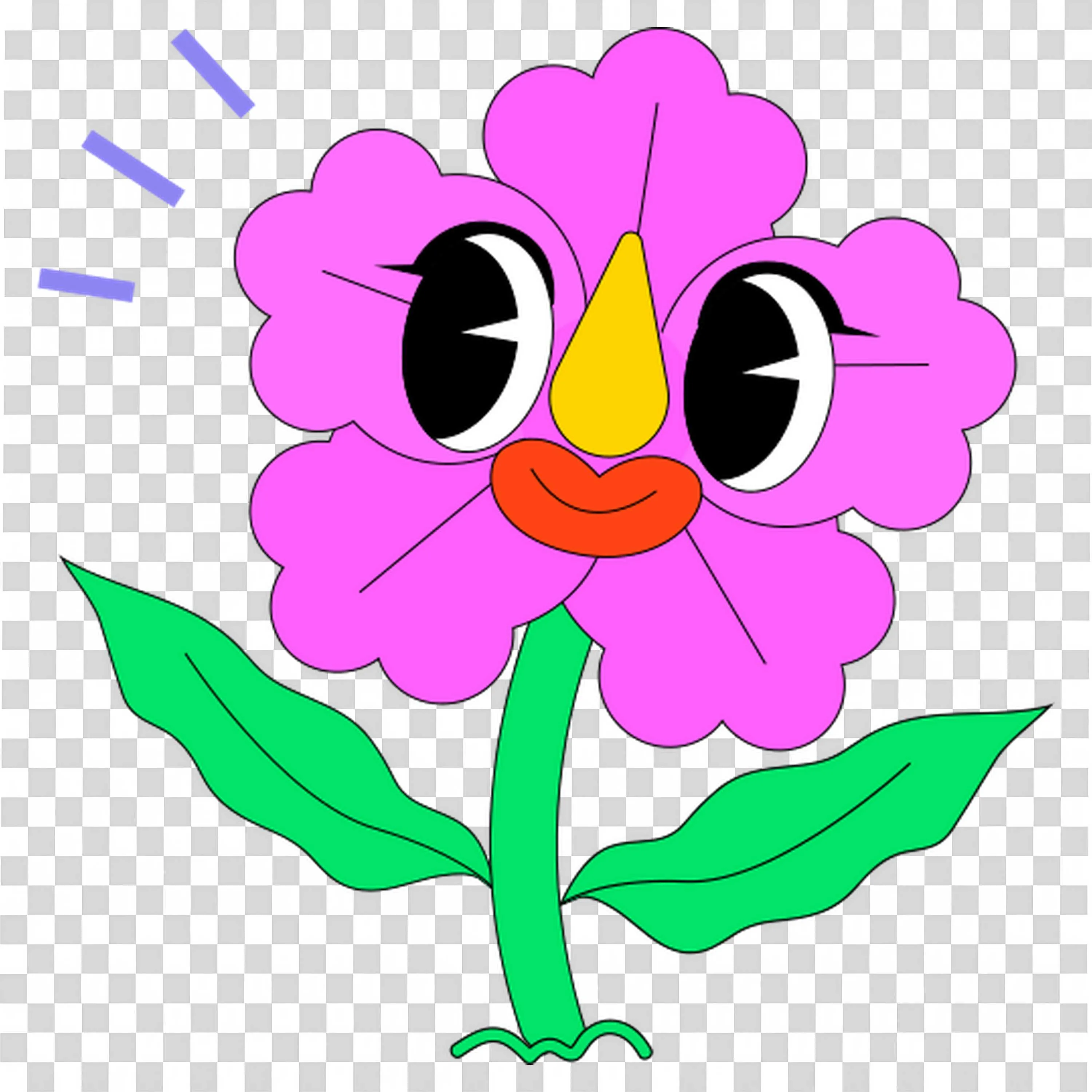 Bright Pink Flower Character Smiling with Big Black Eyes PNG