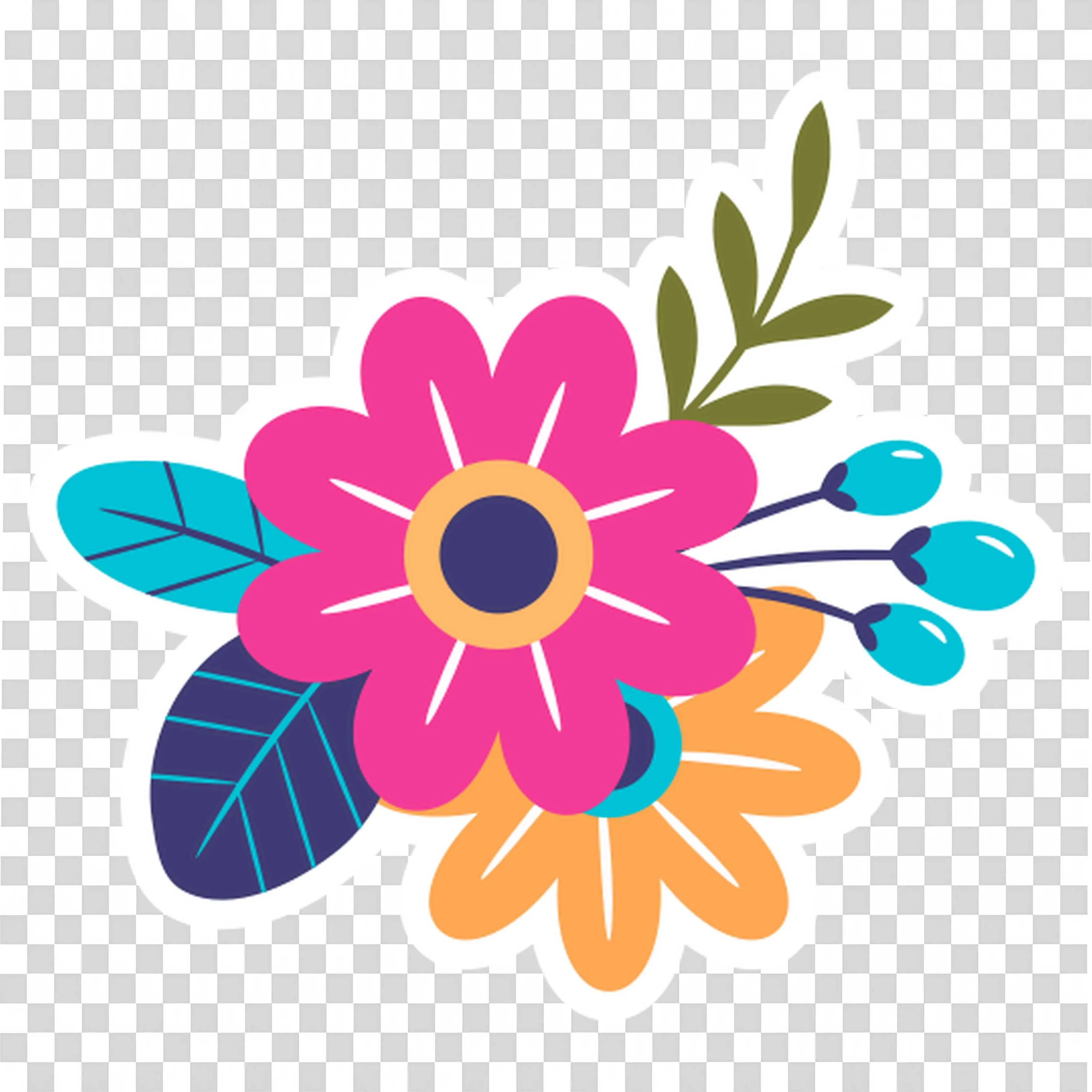 Bright Pink Flower with Blue Leaves and Petals Free PNG