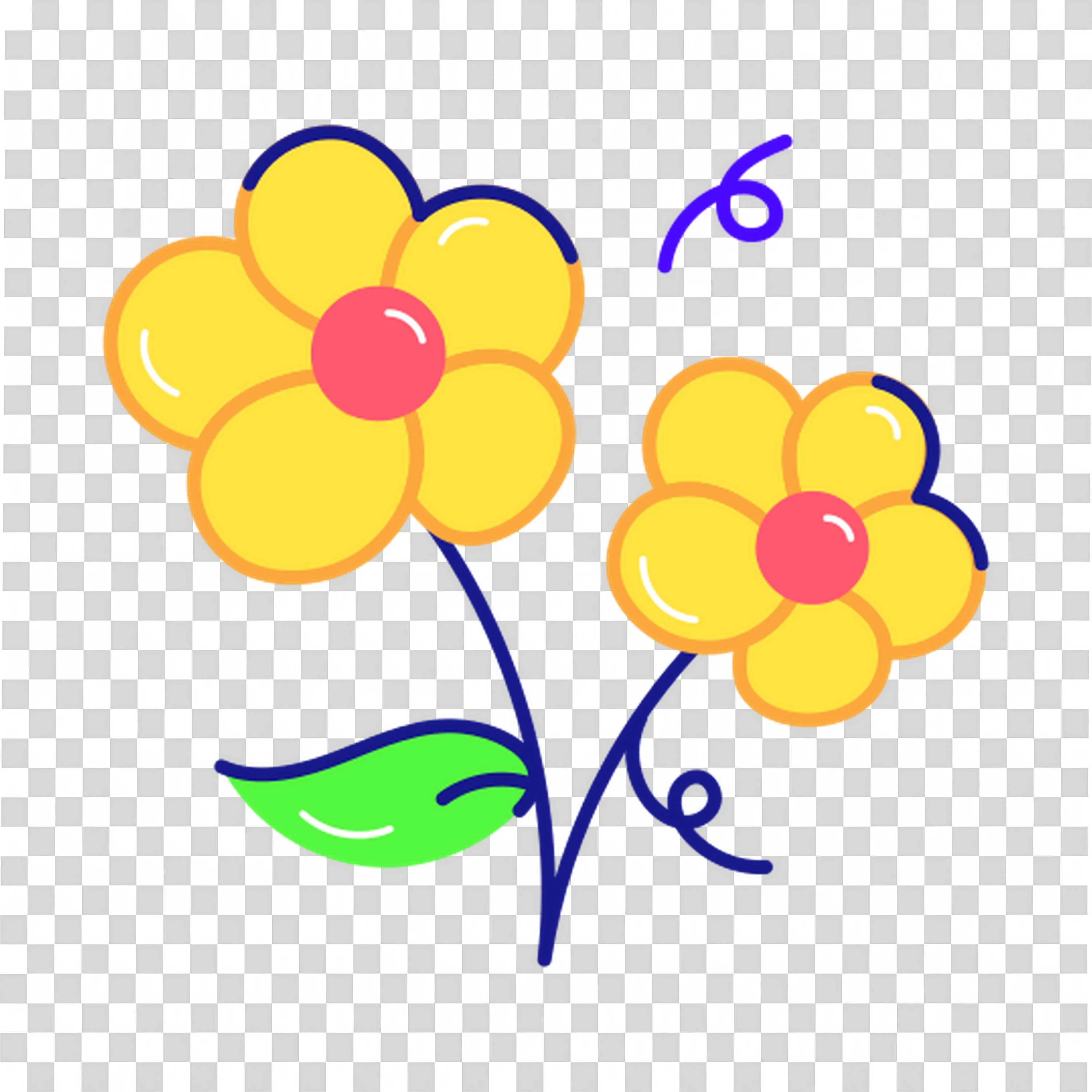 Bright Yellow Flowers with Green Leaves on White PNG