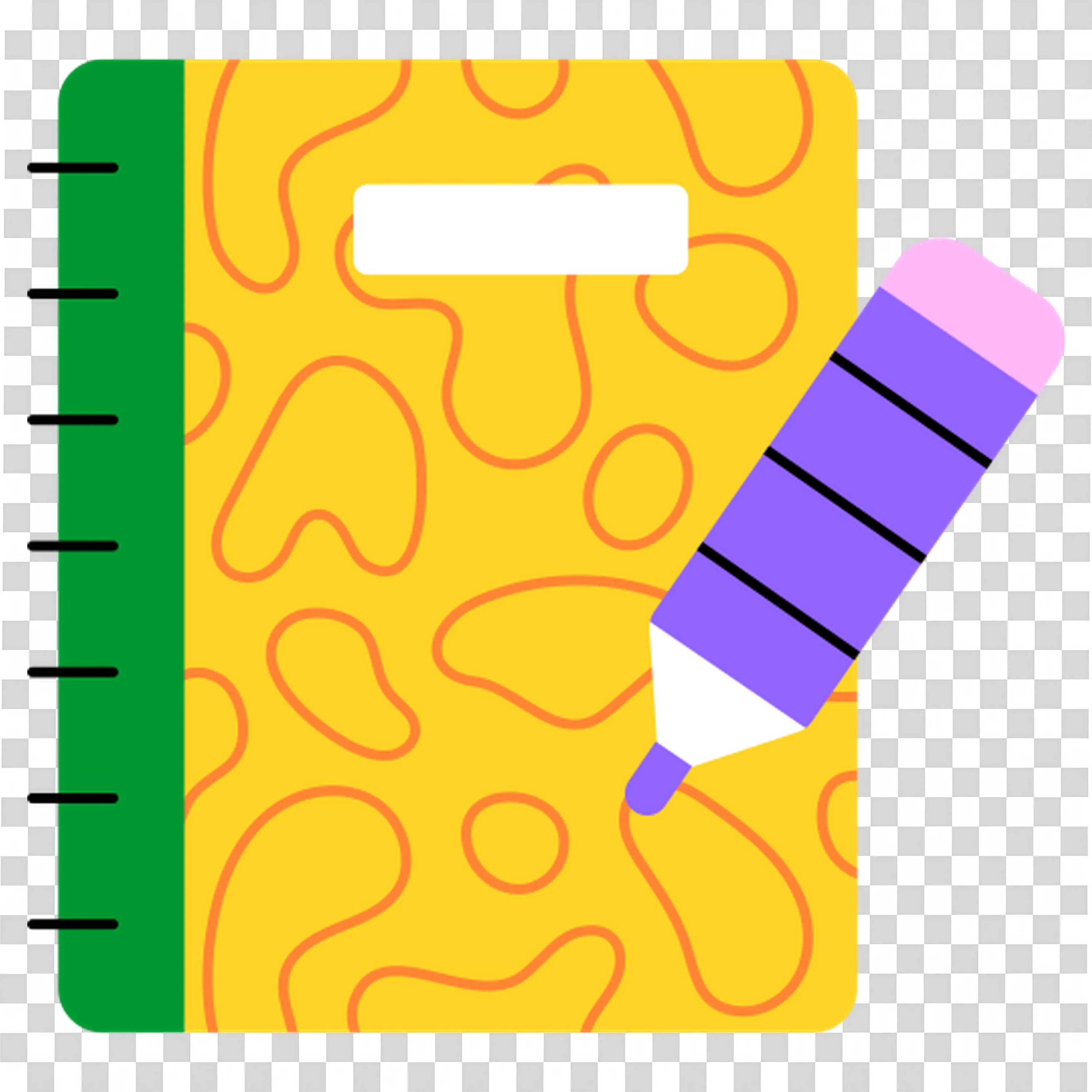 Bright Yellow Notebook with Purple Pencil On a Green Spine