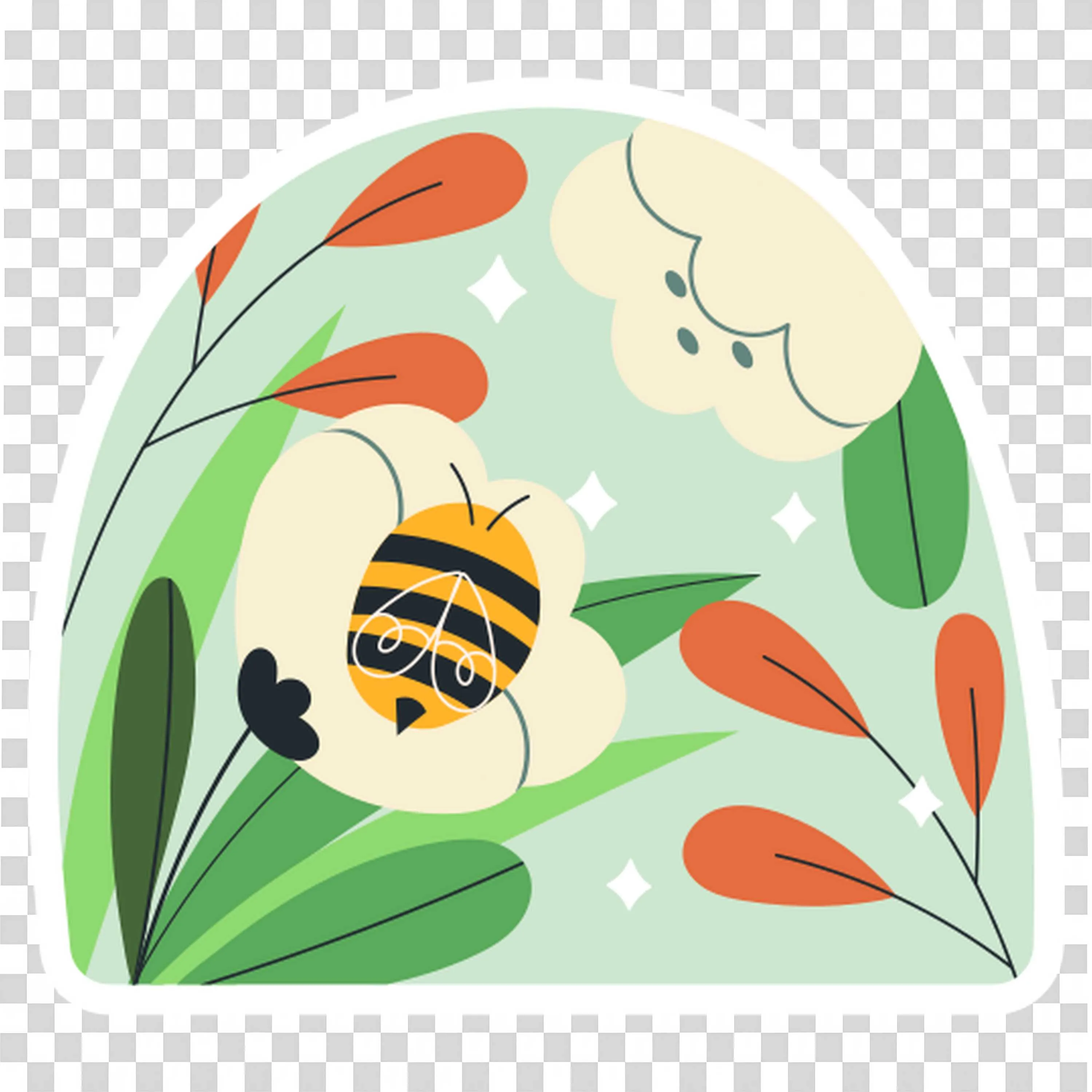 Cartoon Bee Flying Near Flowers and Green Leave PNG