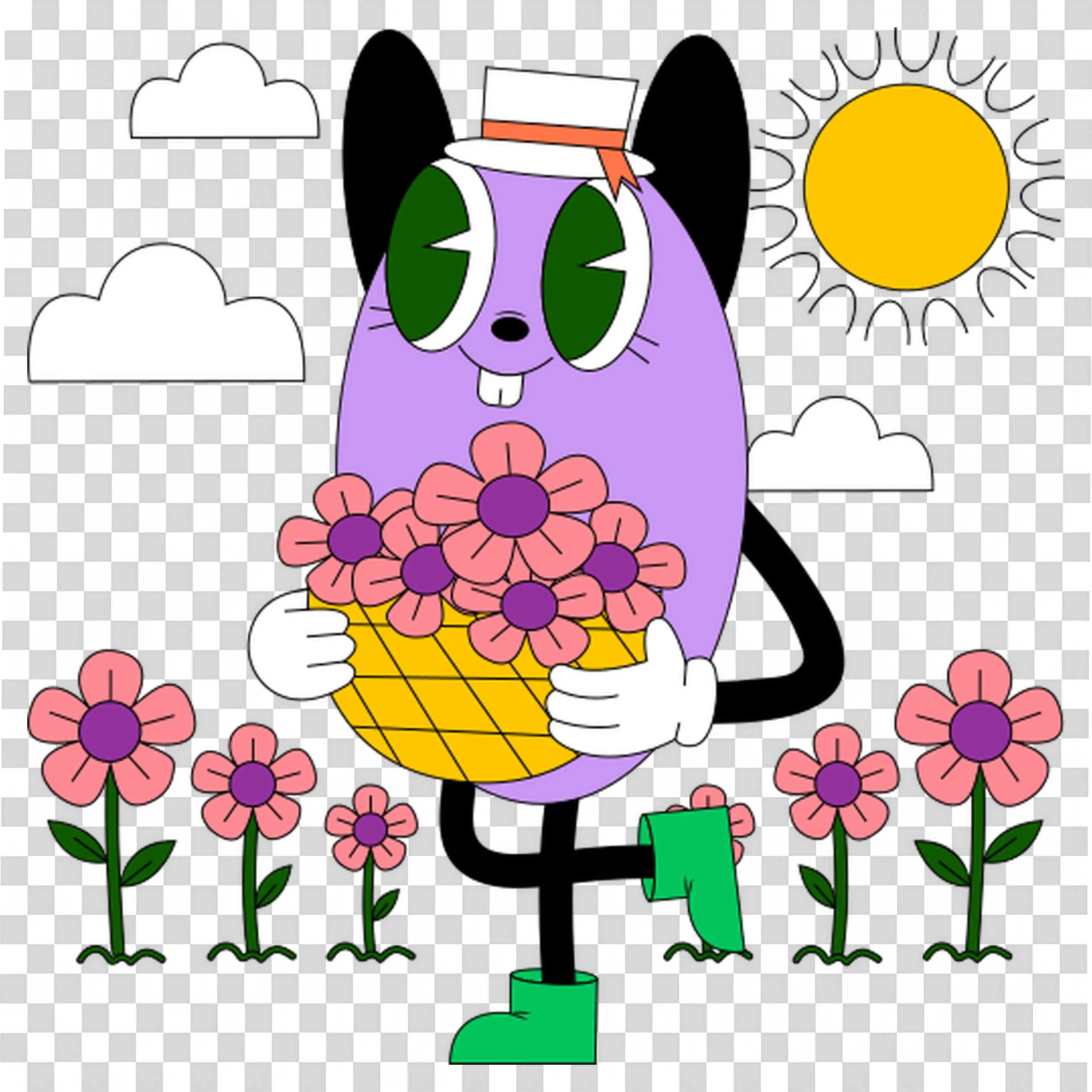 Cartoon Dog Picking Flowers on a Bright Sunny Day PNG