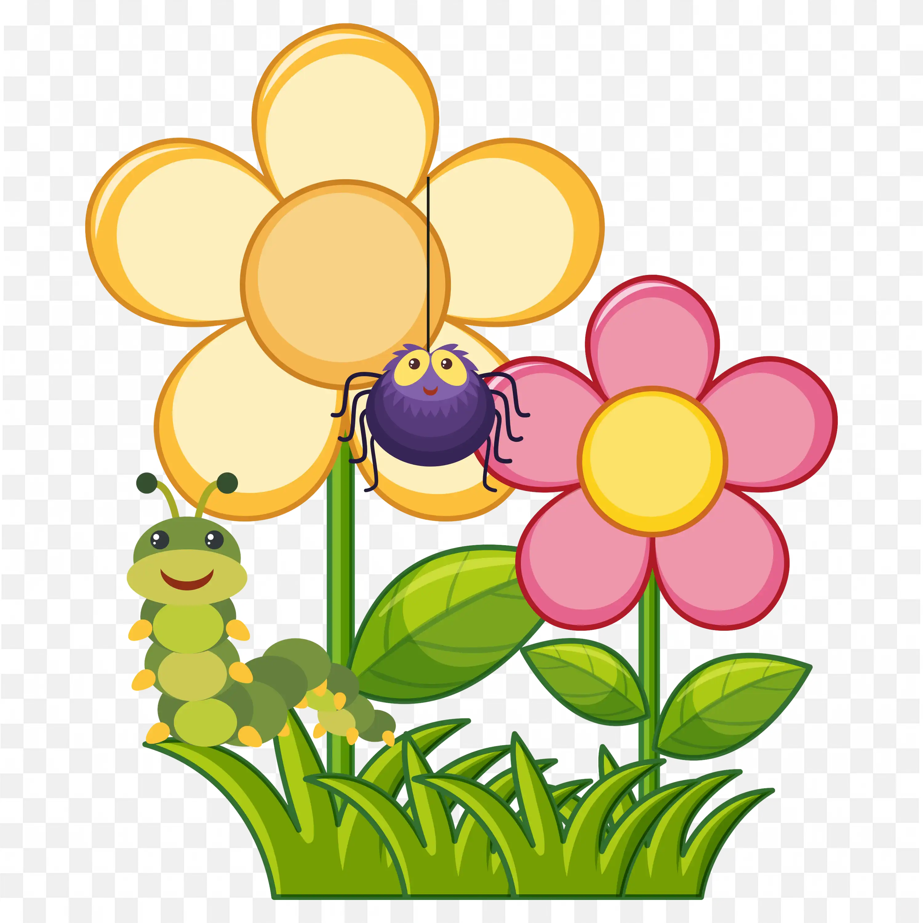 Cartoon flower garden with smiling insects and blossoms