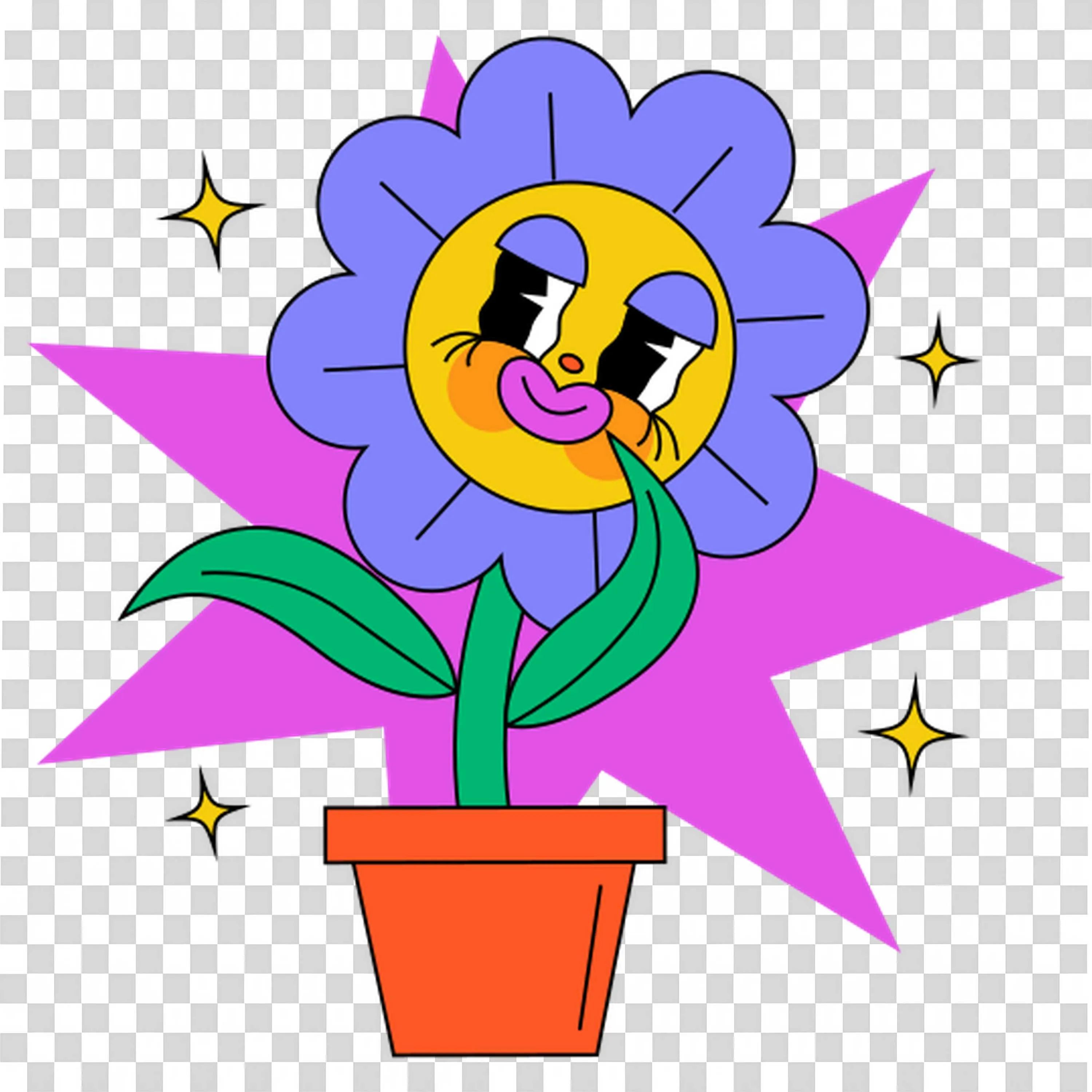 Cartoon Flower Smiling in a Red Pot and Purple Star