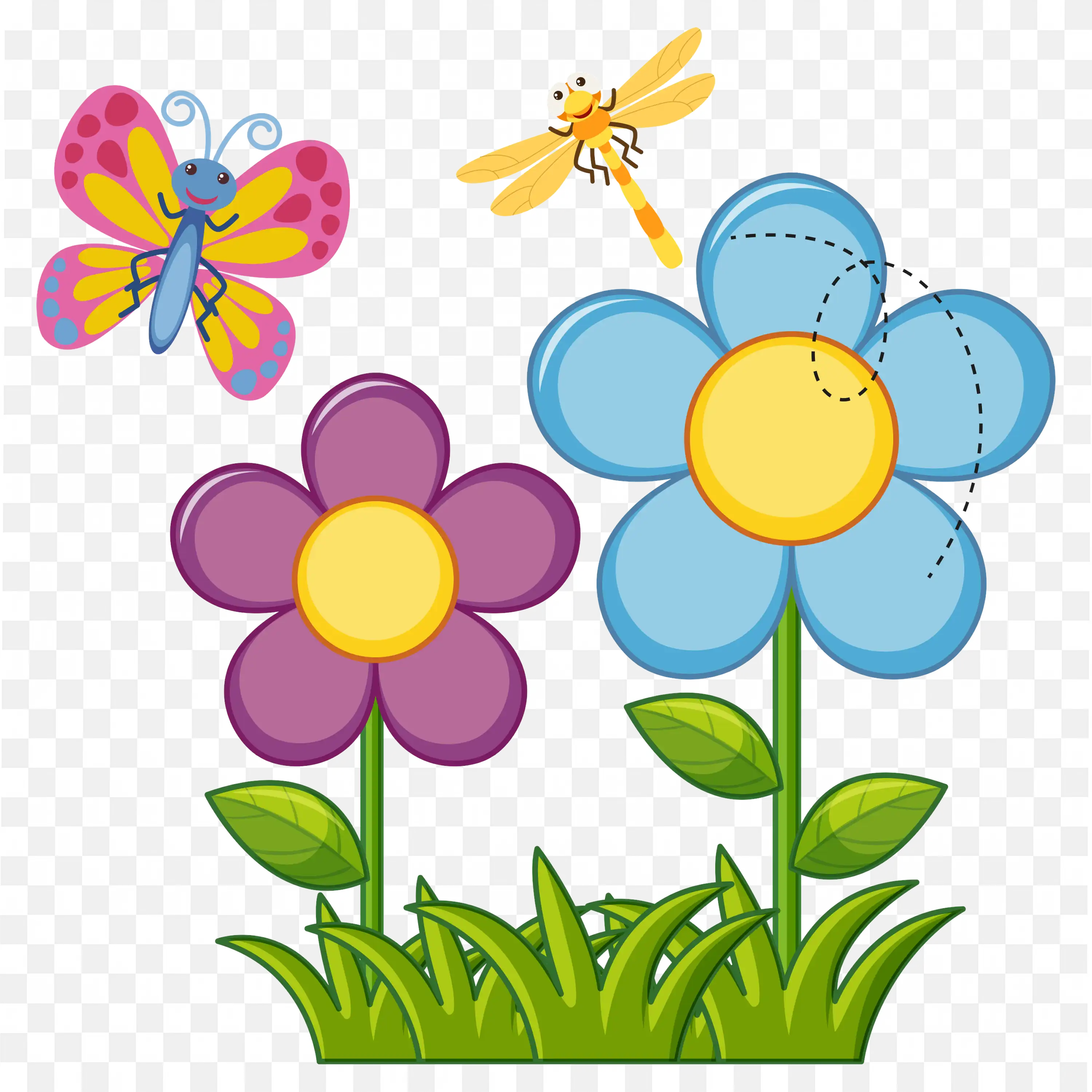Cartoon Garden Flowers and Butterfly PNG Clipart