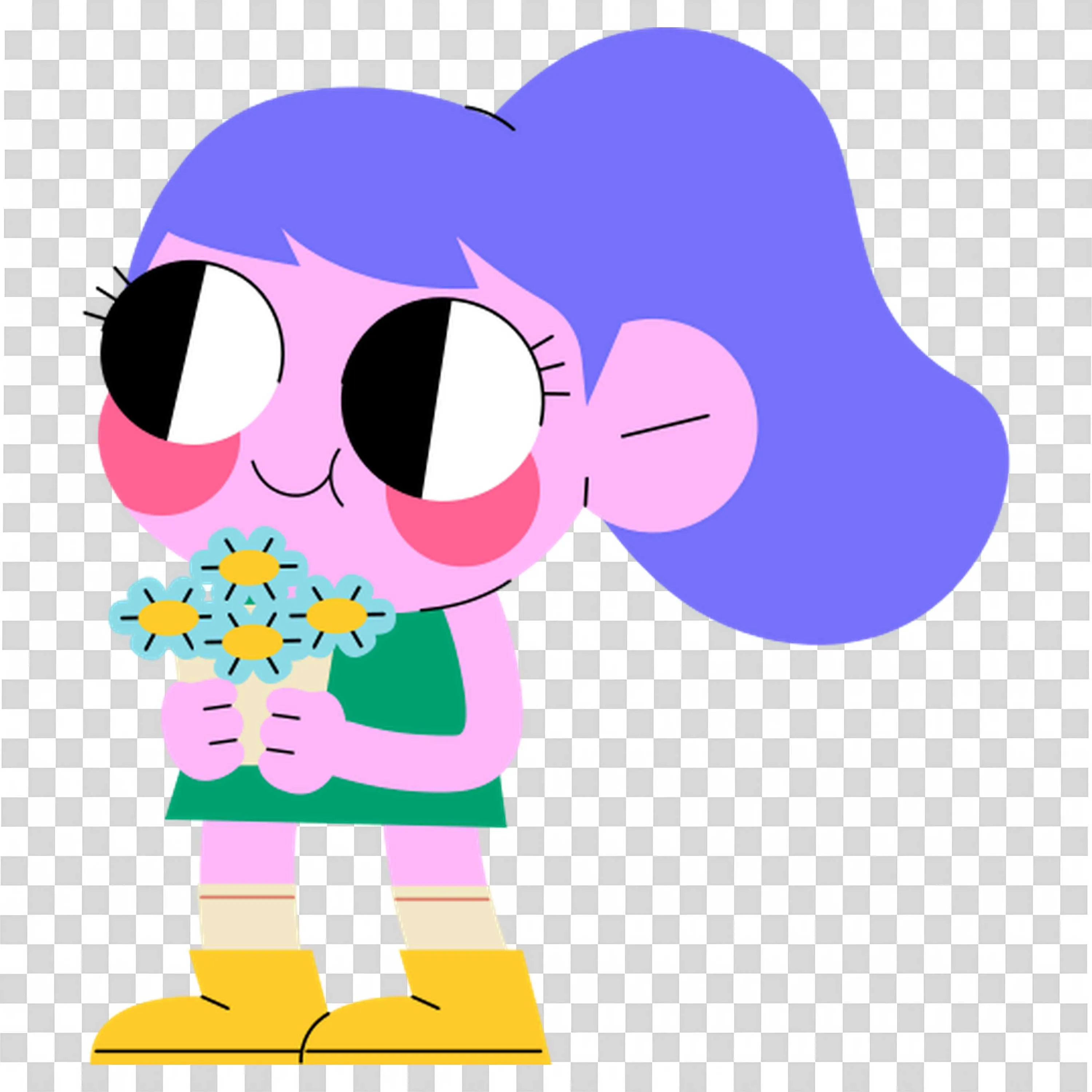 Cartoon Girl with Flowers and Blue Ponytail Hair Free PNG